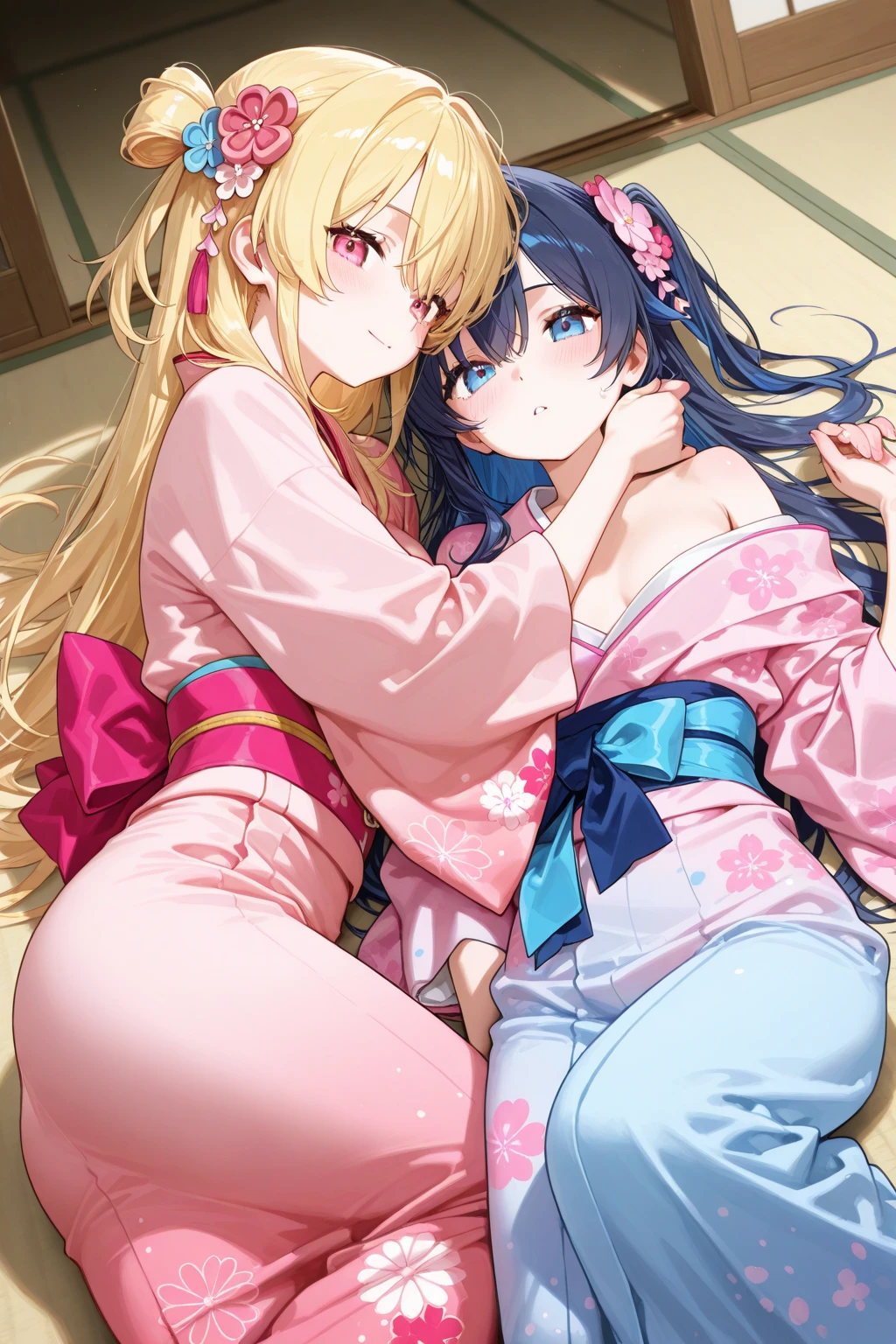 indoor,(night),Japanese-style room,steam,1girl,Rika Jougasaki,Yellow and orange hair hoop, yukata,undressing,pussy,orgasm, blush,,blush,(naked),((Small breasts)),((1boy,vaginale,Sex,penis in pussy,)),Woman on top,kiss,ass pov
