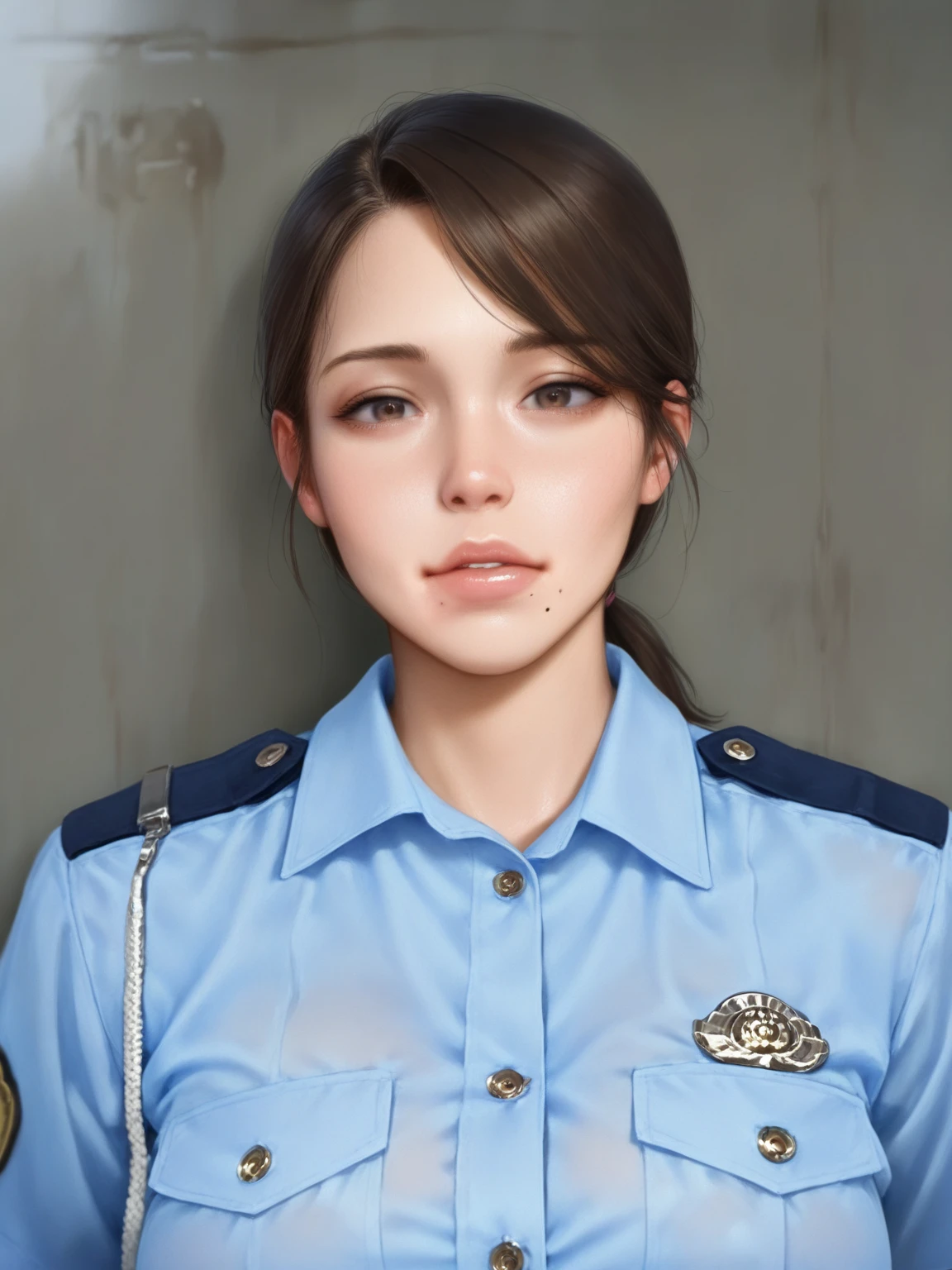 masterpiece, best quality, ultra high res, (photorealistic:1.8), unreal_engine, photograph, realistic_skin_texture, <lora:topaz-officer-v1:0.65>, upper body, 1girl, solo, sxtopaz, short hair, brown hair, blue eyes, earrings, lipstick, police uniform, portait