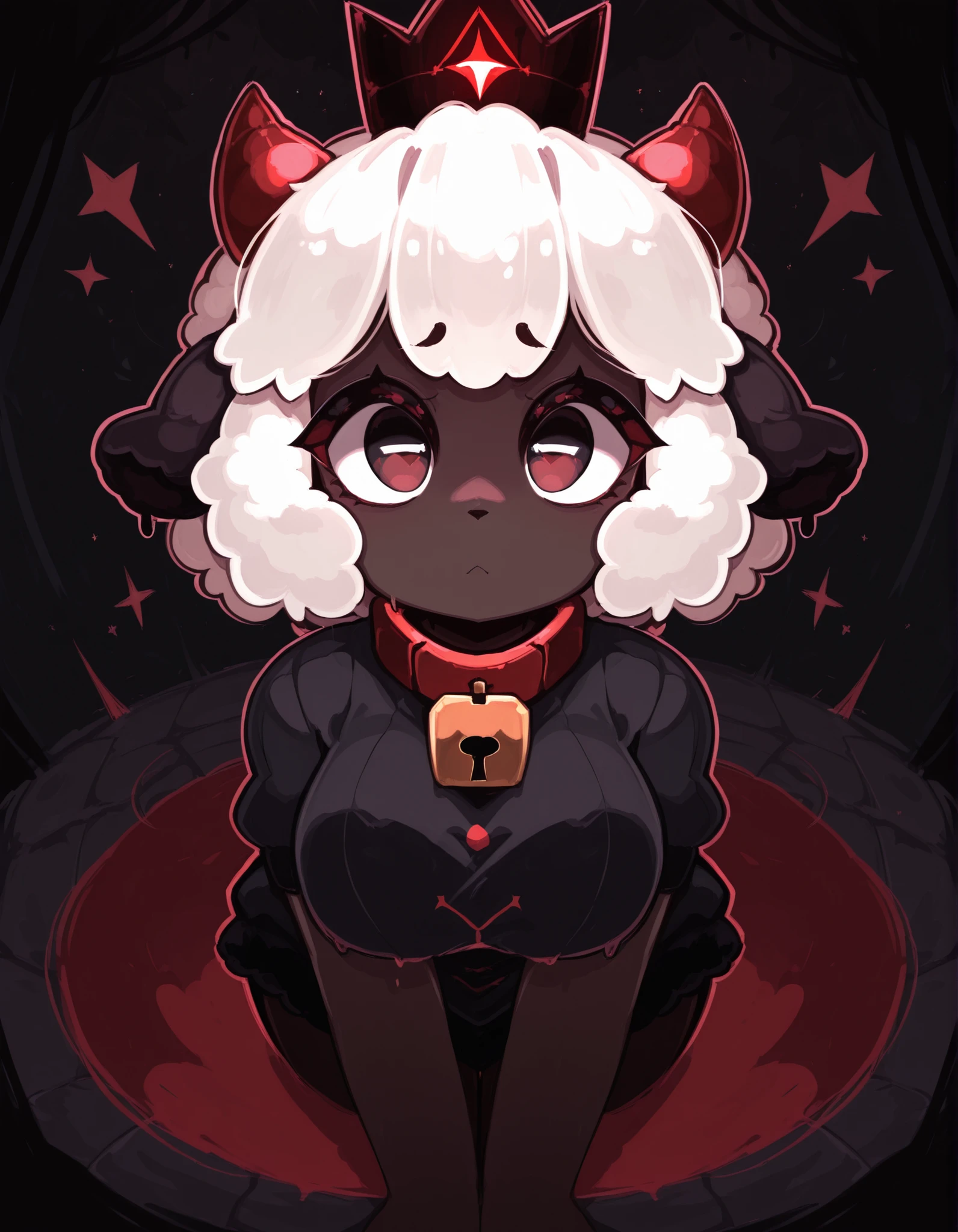 y4s1d1p,, masterpiece, best quality, very aesthetic, 1girl, solo, cult of the lamb, sheep girl, collar, horizontal pupils, red/black eyes, red crown,