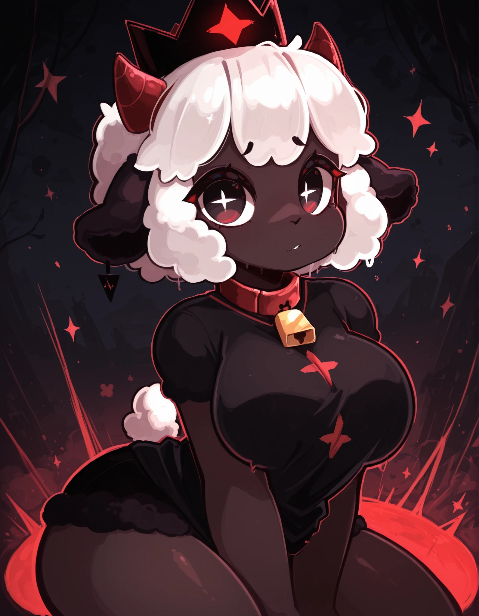 y4s1d1p,, masterpiece, best quality, very aesthetic, 1girl, solo, cult of the lamb, sheep girl, collar, horizontal pupils, red/black eyes, red crown,