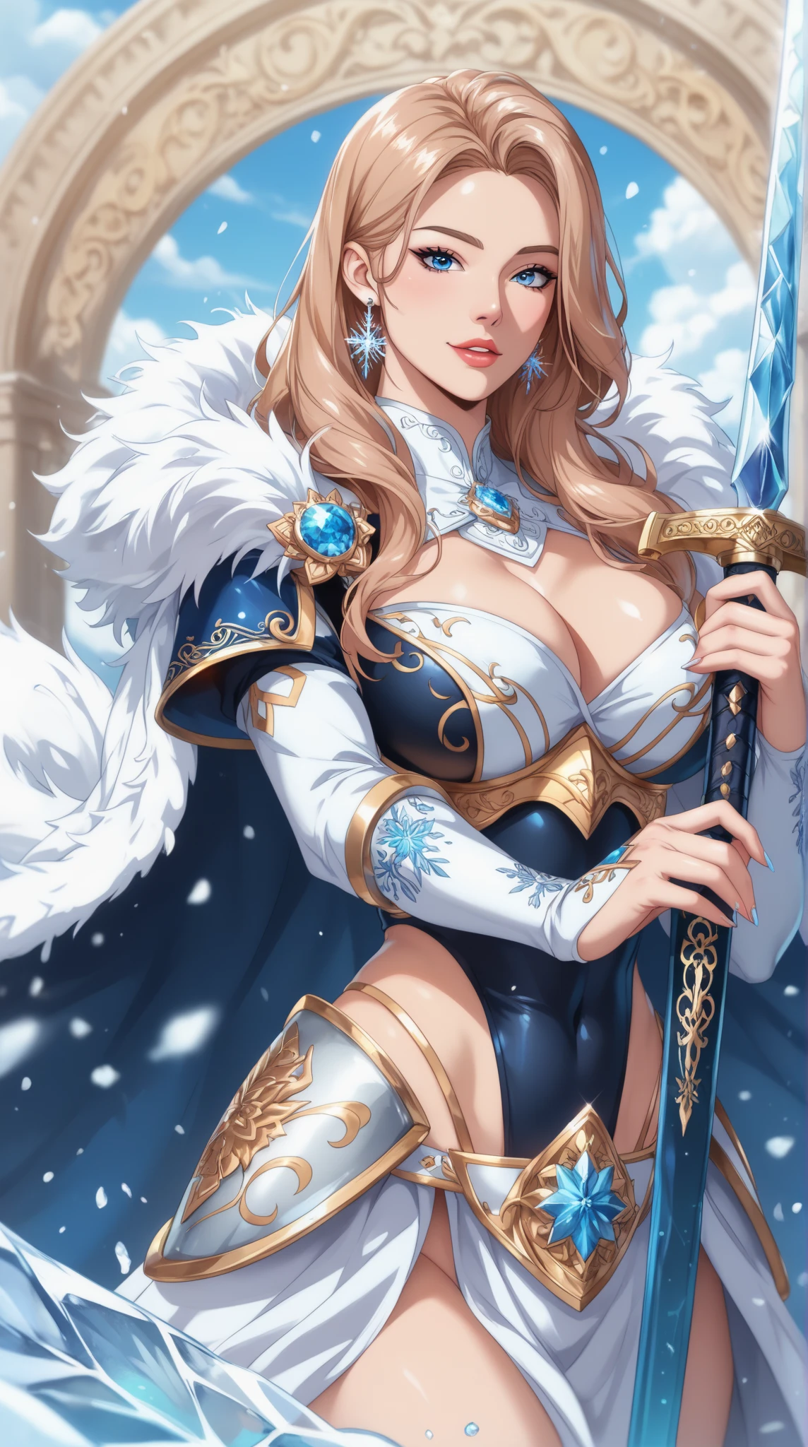 BREAK, 1girl, solo, looking at viewer, (young cute beautiful 18-year-old girl:1.4), 3d face, beautiful girl, Beautiful face, pretty, girlface, kpop idol,  supermodel, stunning innocent symmetry face, perfect body, medium breast, slim waist, slim legs, (high detailed skin:1.4), glowing eyes, goddess, natural skin texture, shiny skin, White skin, Beautiful detailed face, detailed face, real skin texture, cute delicate face, finely detailed face, golden ratio, golden ratio face, expressive eyes, perfect face, perfect skin, flawless face, clear face, shiny hair, pale skin, Proper body proportion, perfect anatomy, realistic skin texture, luscious lips, glossy lips, natural makeup, beautiful bright pupils, slender figure, intricate eyes, detailed pupils, detailed face and eyes, longeyelashes, blush, good hand, perfect hands, pretty face, beautiful female bodies, finely detailed skin, oily shiny skin, BREAK, (((((Night time, heavy snow, (snow_queen_elsa, blonde hair:1.5), (winter, snow-covered landscape, snowstorm, ice powers, snowy background, mountain background, cold, winter forest, snowflake, Snow, snowing, falling snow, forest, sky, river in background, cold ice, blizzard storm, frozen lake, big tall pine tree, mountain, snow peak, everfrost, landscape, glaciers, water reflection, ice reflection, frozen forest, spikes of ice, ice glaciers, ice cliffs, aurora borealis, stars, outdoors,  morning mist, ethereal, sunrise, scenery, nature, lost forest, mysterious background:1.4), (