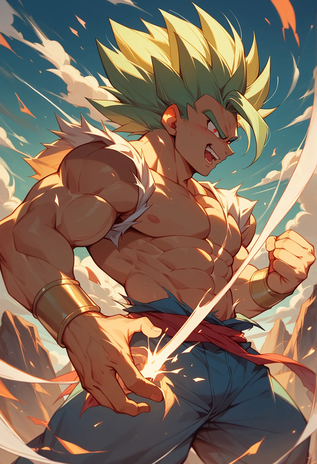 son goku, 1boy, angry, battle damage, blonde hair, blue sash, clenched teeth, furious, green eyes, male focus, muscular, muscular male, pectorals, sash, solo, spiked hair, super saiyan, super saiyan 1, teeth, topless male, torn clothes, wristband, ((masterpiece))