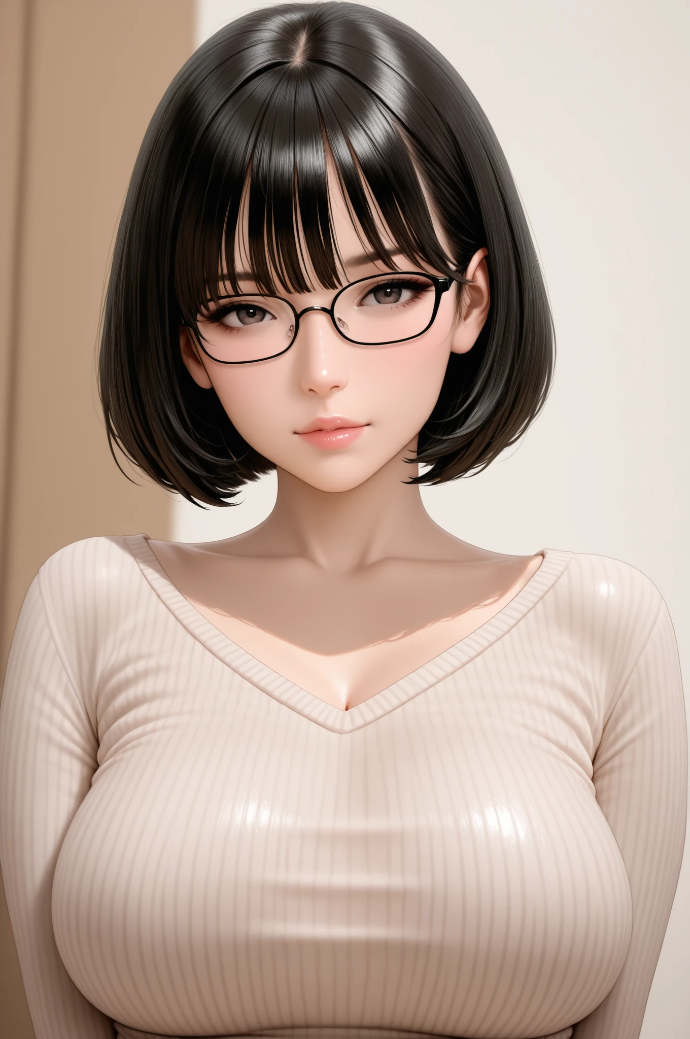 Amazing portrait of a cute and sexy woman with her black hair in a short bob hairstyle, cute but seductive eyes, perfect pink lips parted wearing glasses, long earrings, a loose oversized white t shirt falling off her shoulder emphasizing her bare shoulder and her medium chest seductively