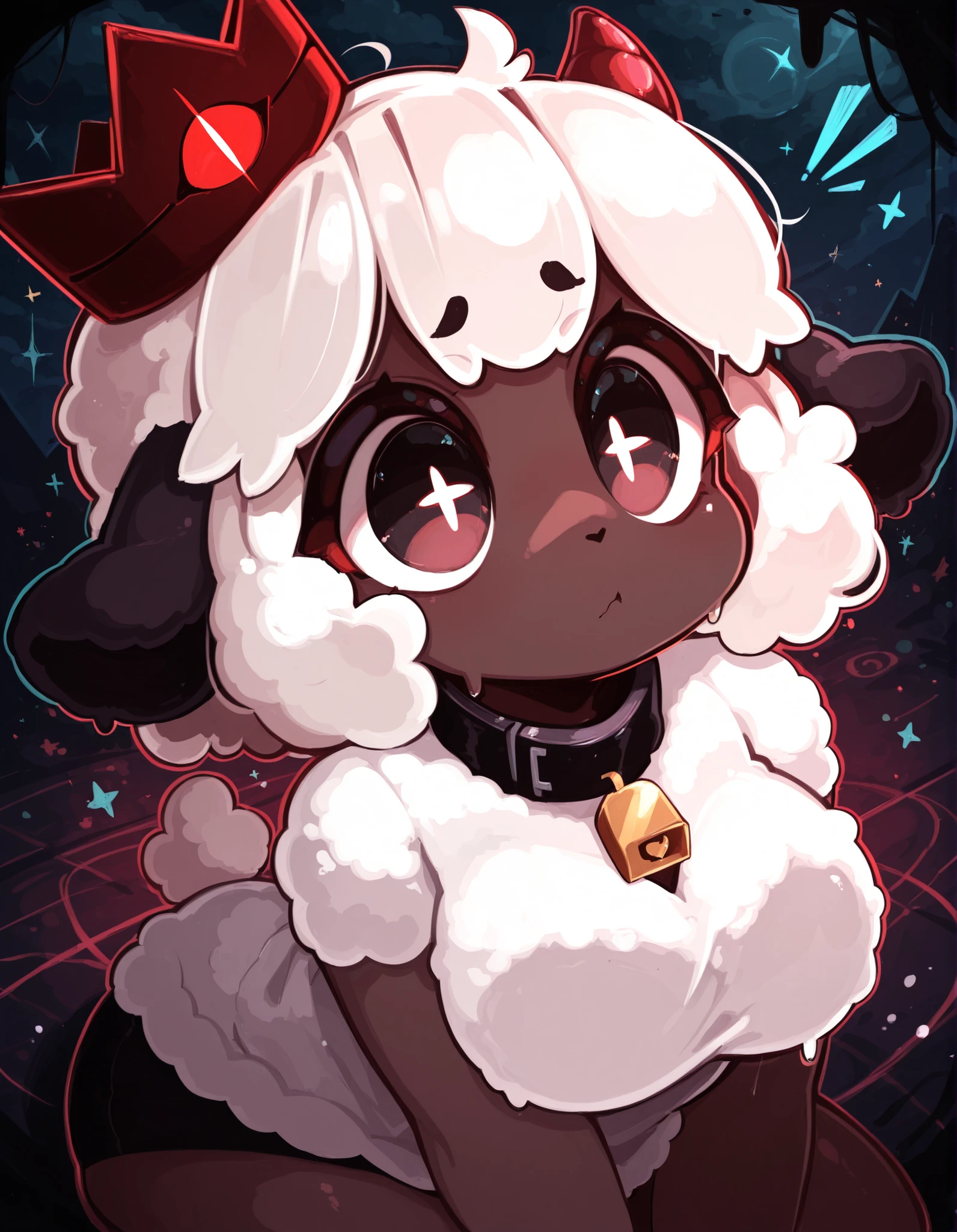 y4s1d1p,, masterpiece, best quality, very aesthetic, 1girl, solo, cult of the lamb, sheep girl, collar, horizontal pupils, red/black eyes, red crown,