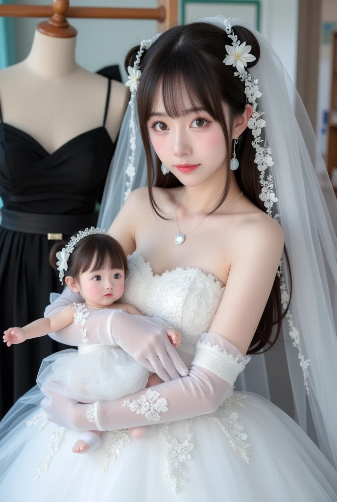 see through clothes(Full body female love:1.3)，best quality, masterpiece, ultra high resolution, (lifelike:1.4), original photo, 1 female,30 years old， black hair, big eyes, Detailed eyes and face,huge breasts，split，long legs，Belted robe open ，bare shoulder，no underwear:1.5,see through clothes，Hollow material white clothes，kitchen:1.3，Smile、sleeveless costume、((Maid clothes))、((She is carrying her 10 years old daughter))、Extremely revealing clothing