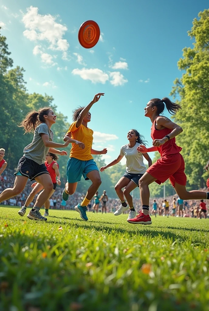 Create a highly realistic scene set in a bustling sports center in Italy. The focus is on two Italian sisters, one 13 years old and the other 8 years old, surrounded by a group of younger children. They are all dressed in colorful T-shirts and shorts, reflecting their energetic and joyful mood.
The 13-year-old teenager stands confidently in the center. She has shoulder-length brown hair tied in a ponytail and is wearing a bright red t-shirt tied under her small breasts showing her midriff and blue shorts. Her face is lit up with a warm smile as she interacts with the children around her, radiating a sense of enthusiasm and camaraderie.
Next to her is her 8-year-old sister, who looks a lot like her older sister but is shorter and has a smaller build. She has long wavy brown hair tied with a ribbon and is wearing a matching red t-shirt and blue shorts. Her expression mirrors her older sister's joy and excitement as she interacts with the other children.
Surrounding them are children aged between 5 and 10, each wearing T-shirts and shorts in various bright colors such as yellow, green, blue and orange. Their expressions are full of happiness and excitement as they interact with each other and the two sisters. Some children hold sports equipment such as soccer balls and skipping ropes, indicating their availability for fun activities.
In the background is the lively setting of the sports center: an open field with freshly cut grass, a running track and various sports facilities such as basketball courts and a football field. Some trees and benches are scattered here and there, offering places of shade and rest. The sky is clear and blue, with the sun shining brightly, casting a warm light over the entire scene.
This scene captures the energetic and playful atmosphere of the sports centre, with the 13- and 8-year-old sisters at the center of the joyful group, creating a sense of unity and fun among the children. The vibrant colors of their outfits and lively intera