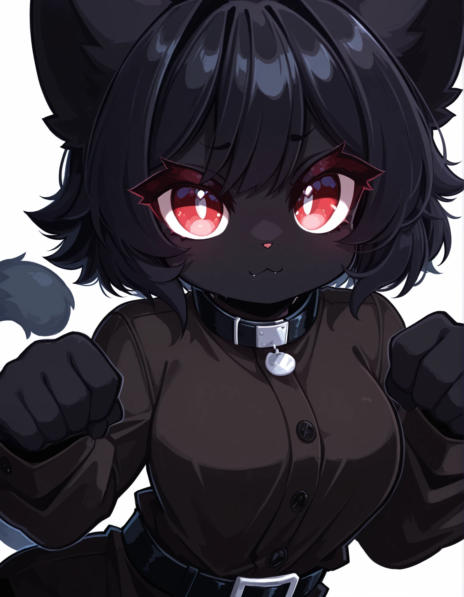 y4s1d1p,, masterpiece, best quality, very aesthetic, 1girl, solo, white background, looking at viewer, portrait, paw pose, :3, furry female, cat girl, animal ears, black hair, short hair, black skin, red eyes, cat tail, black jacket, buttons, long sleeves, black belt, collar, masterpiece, best quality,