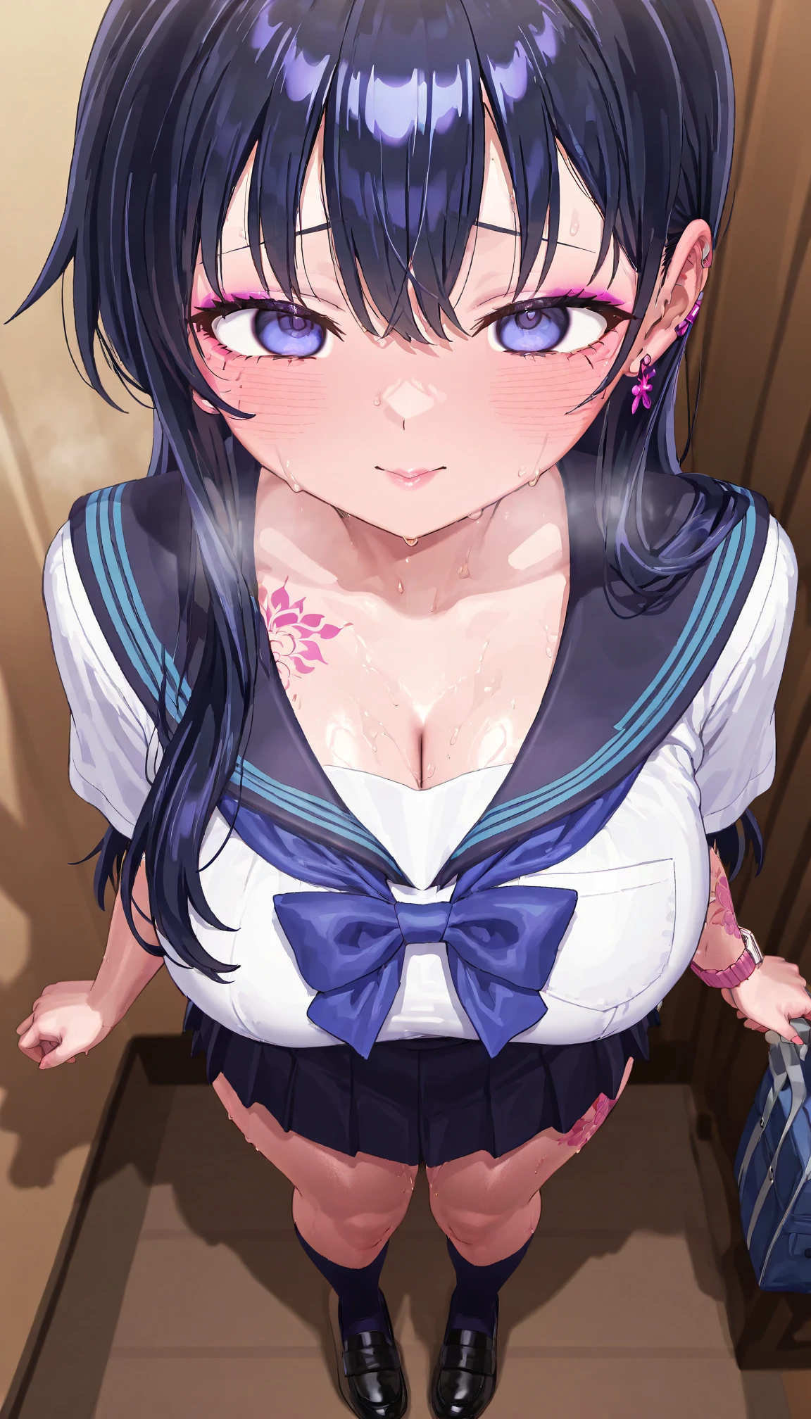 todoshizuko, purple hair, ponytail, hair ribbon, long hair, blue eyes, makeup, 15years old , large breasts, solo, nsfw, nipple, 歩く, naked