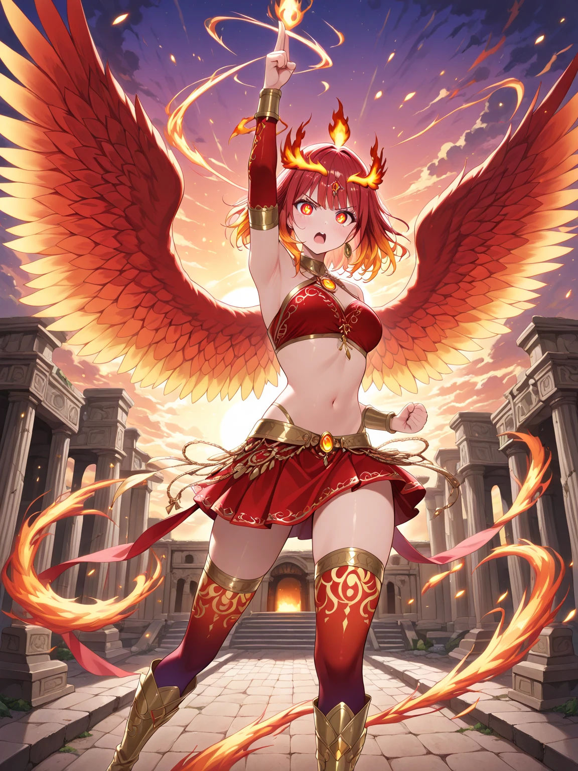 (RAW Photos, Best Quality), ((goddes)), (Fantasia, animesque:1.2), (1womanl), Absurd, awardwinning photo, Extreme Detail, very intricate,, Detailed face + Eyes, Red-haired, short-hair, (The face is small), Beautiful eyes, long eyelashes, slenderbody, Deities々Right, Has an aura, a captivating outfit, (huge tit), (red and black costume), ((A slight smil)), ((Rocky mountain landscape, Flames rise)), Full body portrait, (Arms Spread Pose), Realistic, Highly detailed, Photography, masutepiece, High quality, High quality, hight resolution, Professional Lighting, (glistning skin:0.9),