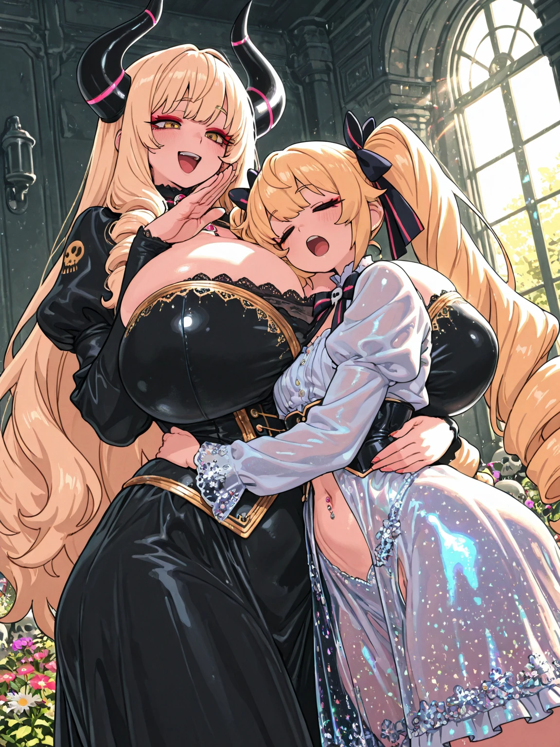 wariza,sitting,{full body},looking down,from below,{upskirt},dynamic angle, dynamic cut,naughty smile,macrophilia,{white wings},{angel},{}{very muscle}}},{very curvy},{gigantic breasts},very tall woman,very big woman,gigantic woman,{long legs},{two side up},blonde hair,barefoot,cute dress shirt frills ribbon split corset skirt,best quality,1 girl,