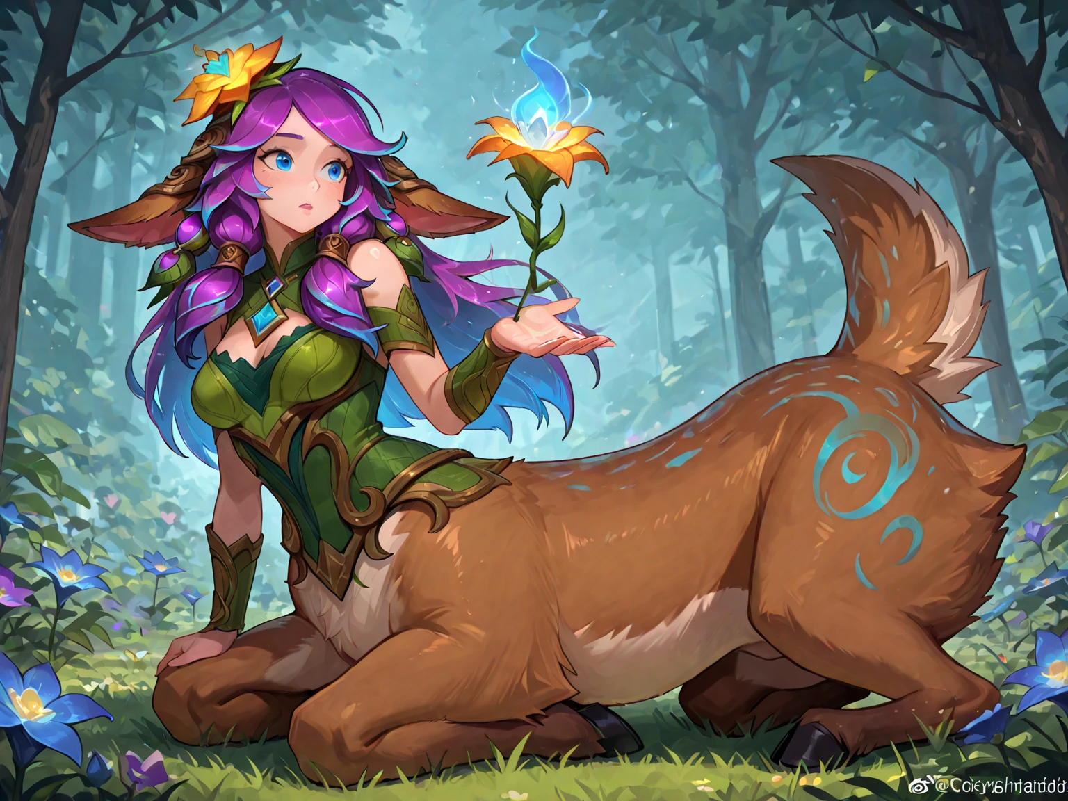 Lillia from League of Legends, ((deer centaur)), 4 hooves, two arms, two hands, deer tail, fluffy, high resolution, realistic, Soft, 4K, upscales, high detail, Delicate fur, forest, big breasts, big nipples, hyper areola, long nipples, 4 legs, feral, stretching, smile, purple eyes, 1 girl, peeking at viewer, big feral deer butt, hyper canine pussy, presenting canine pussy, back toward viewer, looking back at viewer, drippy pussy