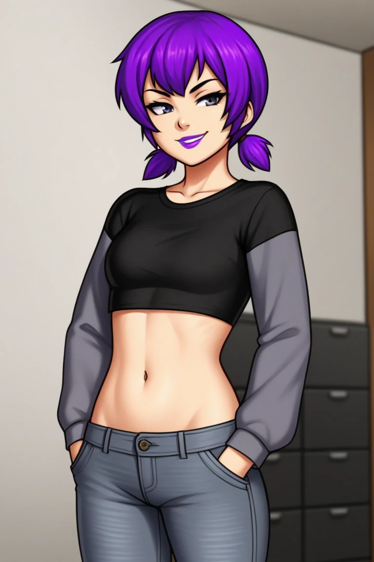 masterpiece, best quality, ume, oni, slit pupils, orange eyes, purple skin, baseball cap, (ponytail:1.3), purple hoodie, sleeveless, midriff, jeans, looking at viewer, smile, bending over <lora:Ume_V1-mani:1> <lora:leah-nvwls-v1-final:0.8>