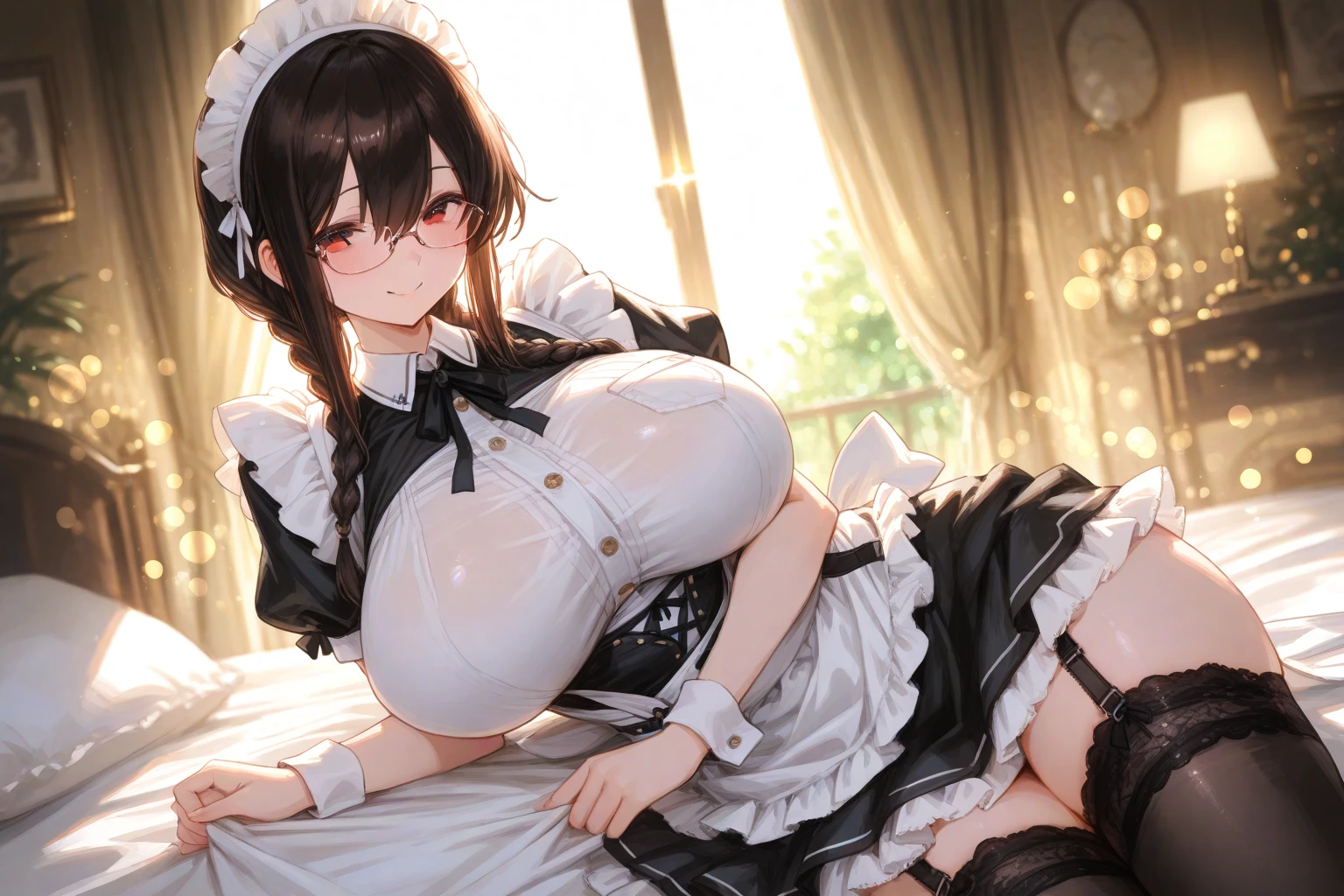 NSFW (((masterpiece, Highest quality, High resolution, 超High resolution, Pixel perfect, Written boundary depth, 4K, RTTX10.0))), Beautiful Anime Woman, Beautiful art style, Anime characters, ((Smooth texture, Realistic texture, Anime CG style)), Exact finger count、Exact number of legs、(Exact number of arms:1.0, Exact number of hands:1.0), (Perfect hands, Perfect Anatomy), Cinematic, Realistic, Highly detailed CG, Daytime lighting, Perfect lighting, Best Shadow, The best natural light, whole body, Perfect body, (Slender body:1.2), ((Long Hair, bangs, Dark brown hair, Long twin tails)), (Detailed face, Beautiful Face, Beautiful eyelashes),Show off nipples, lift your skirt with your hands.:1.4), (Stylish white and black frilly maid outfit, A shirt revealing the cleavage, Red ribbon at collar, Maid's headband, (Knee socks, garter belt:1.3), High heels, Frifli apron, mini skirt:1.3)、Angle from the front, Stylish shiny white satin lace bra, (beautiful and big breasts:1.2), (Beautiful and thin thighs:1.3), Feeling embarrassed, (blush:1.2), (Very embarrassed look:1.4), On a luxurious hotel bed　cameltoe　The genitals are visible　Excited　I&#39;m not wearing pants