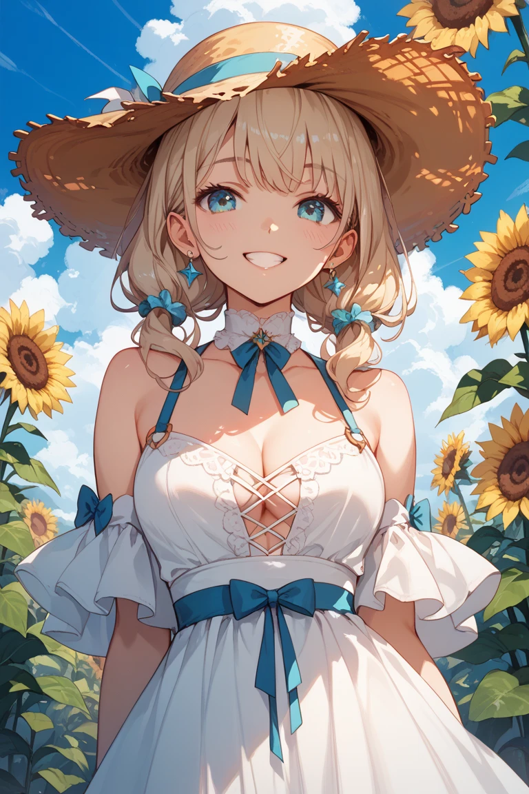 1girl, adult woman, (Naked: 1.4), (Blushing:1.4), (Loose string dress with no pleats, floral print, cleavage, naked), blushed, Smile, Cowboy Shot, Slim body, Small breast, small boobs, Full Body, glowing skin, detailed face, detailed eyes, (Detailed background: sunflowers farm, summer time)