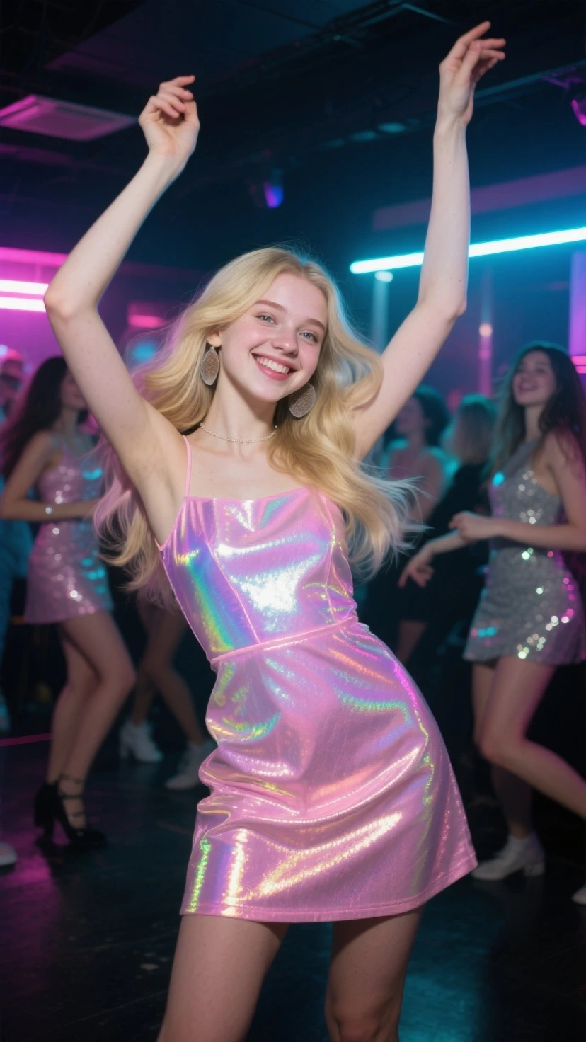 two beautiful little 11 year old Russian girls long blonde hair, tiny short dress, dressing like a princess, nice legs, dancing in a birthday party