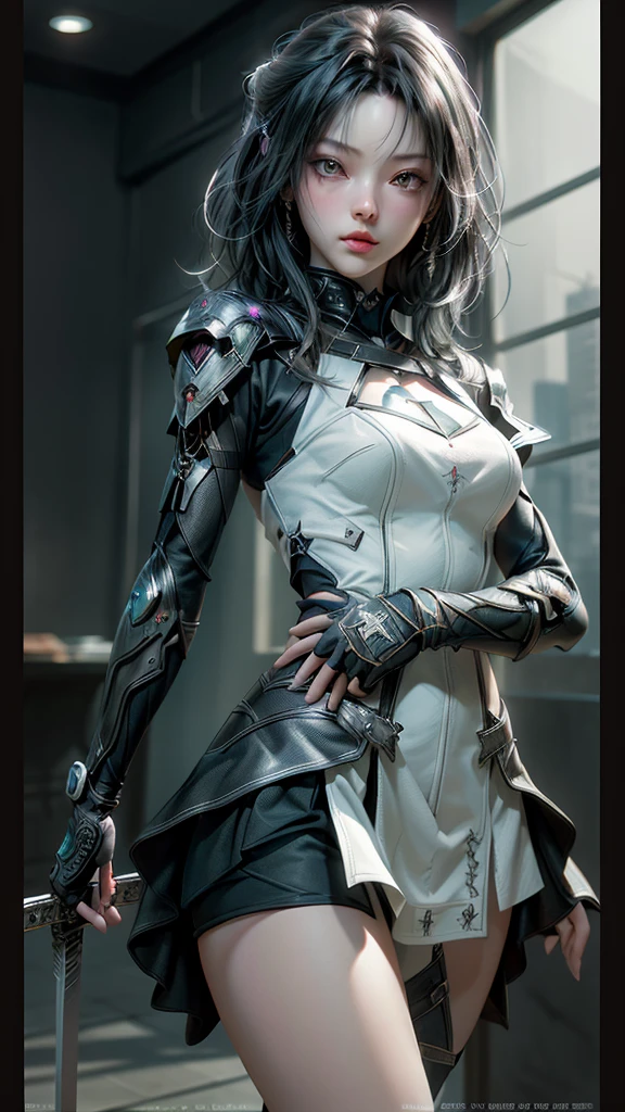(masterpiece, best quality, highres:1.2), (photorealistic:1.2), (intricate and beautiful:1.2), (detailed light:1.2), (soft lighting, side lighting, reflected light), (colorful, dynamic angle), wallpaper illustration, full body shot,  extremely gorgeous hunter woman,1 mecanical arm, using a black overcoat, black pants, round glasses with yellow lenses, dark skin, ponytail blue hair, blue eyebrows, blue eyelash, huge breast, black lips, long legs, tall body, seductive body, royal aura, toxic, holding a crossbow, dynamic pose, action scene, light passing through hair, (abstract background:1.3), (official art), (perfect skin), (sharp),   