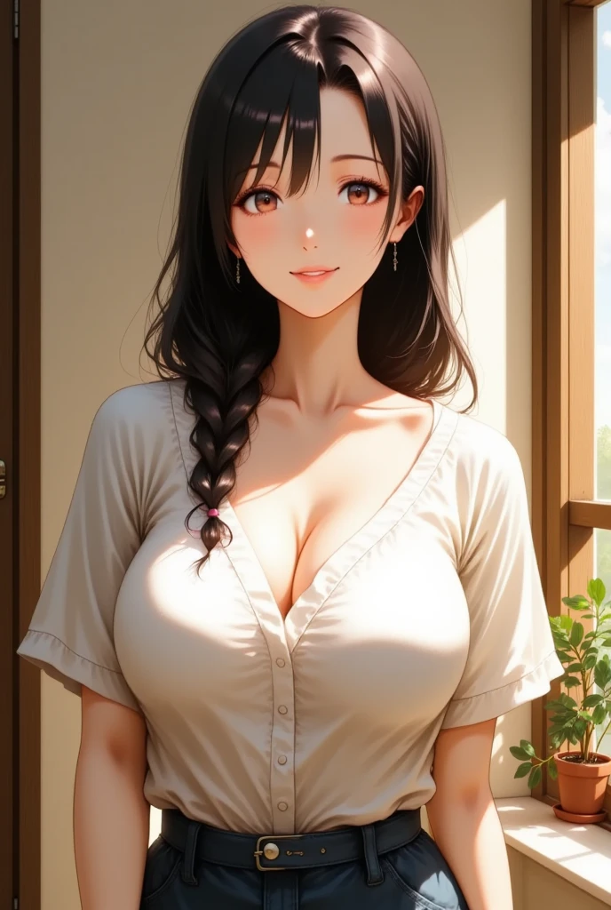 Sexy thick woman, black hair in a braid, plump face, seductive eyes, medium nose, perfect pink lips, smiling, fairest skin, loose oversized orange t shirt