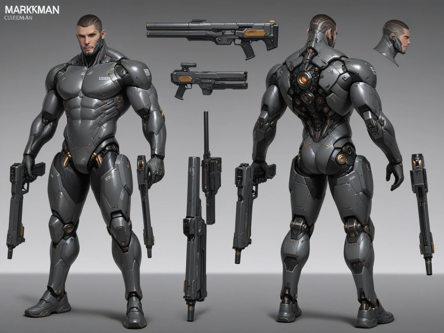 ((Masterpiece, Highest quality)), Detailed face, character design sheet full bodyesbian, Full of details, frontal body view, back body view, Highly detailed, Depth, Many parts, male cyborg with guns，full weapons, muscular, futuristic costumes, marksman
