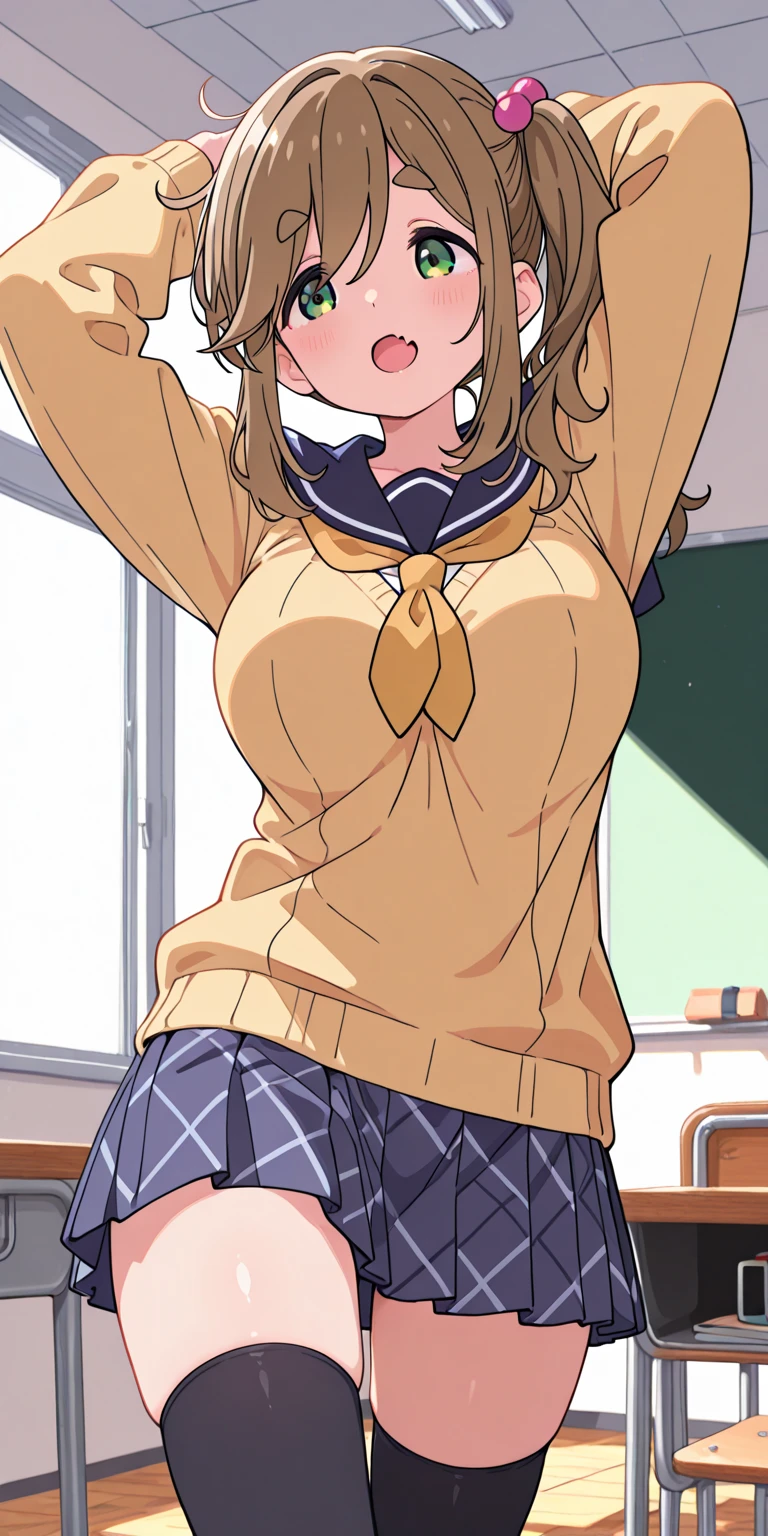 Highest quality, High resolution, masterpiece, (Beautiful Eyes), (Fine grain), Detailed face, One girl, One boy, kumiko oumae, Brown eyes, Brown Hair, short hair, Wavy Hair, smile, blush, skirt, shirt, Long sleeve, , pleated skirt, neckerchief, brown skirt, whiteいセーラーカラー, brown shirt, Kitauji High , red neckerchief, indoor, classroom, Chair, machine, View your viewers, Cowboy Shot, (Panties丸見え:1.5), (Wide pelvis:1.5), (Plump thighs:1.5), (Big Ass), (white_sexy_Panties:1.5), (男の子が女の子のPantiesに顔を押し付ける:1.5), (Ahegao Double Peace), nsfw