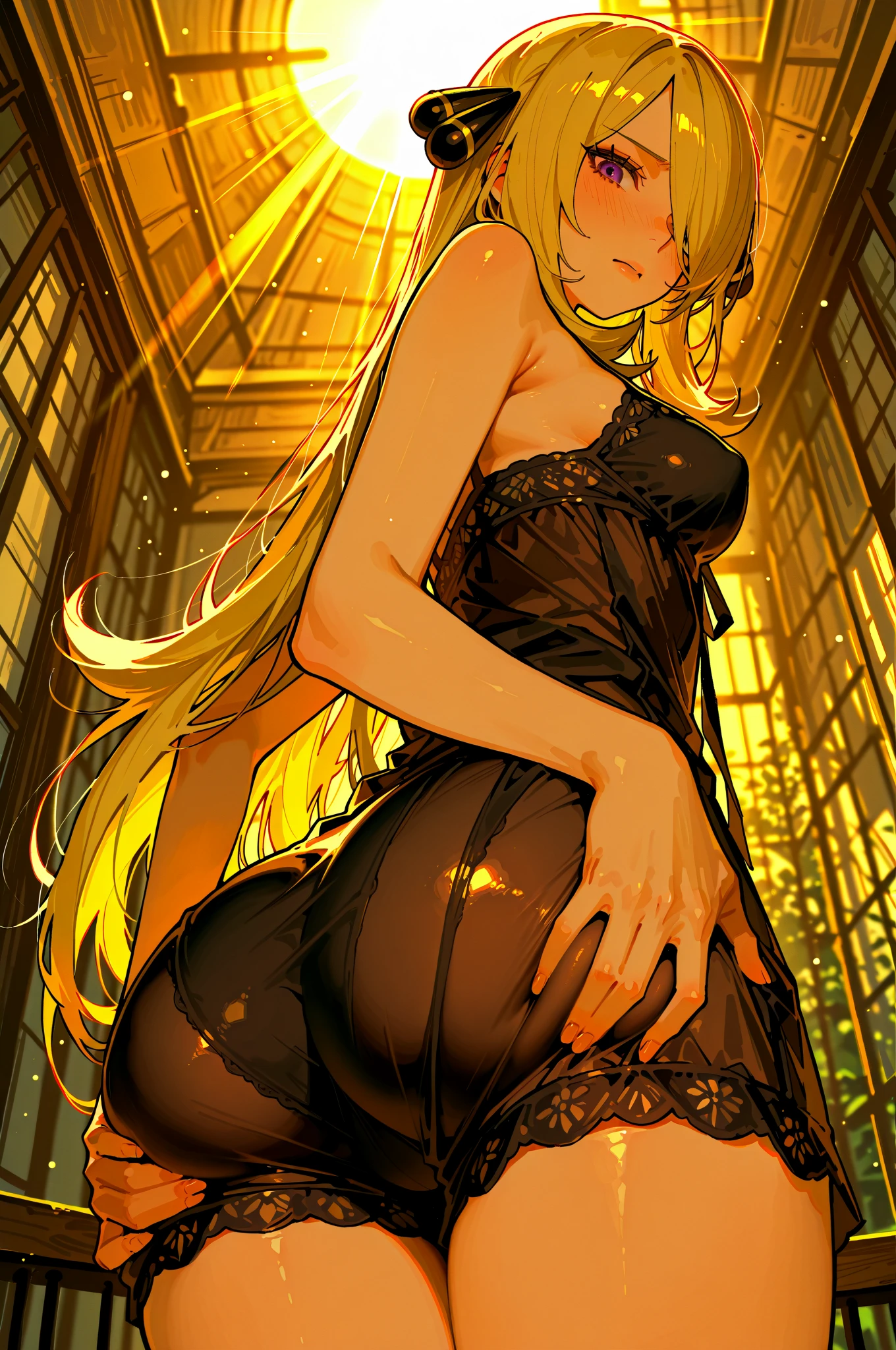 ((best quality)), ((masterpiece)), (detailed), perfect face, perfect body, 1girl, yellow long hair, green eyes, ((camisole)), ((the color of camisole is mix between black and red)), ((see-through)), ((frilly camisole)), Seeing the girl from the front, the girl in middle of bedroom and windows from hotel show the city in night in background