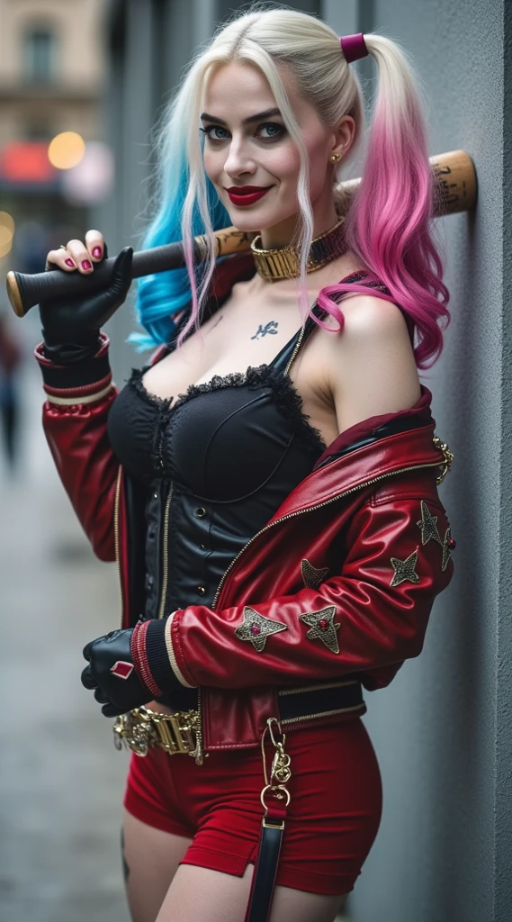 (((Arlequina))),cabelo com mechas rosa e azul ao estilo harley Quinn, (cabelo mecha cor rosa a esquerda e mecha cor azul a direita ao estilo harley Quinn), maquiagem de sombra no olho ao estilo harley Quinn, sombra vermelha no olho esquerdo, maquiagem de sombra azul no olho direito, Batom Preto, Arte Oficial, Unity 8k papel de parede, ultra-detalhado, Beautiful, Beautiful, ((New Gothic Gal:1.4)), master part, best quality, Escuro, Atmospheric, mistic, Romantic, assustador, noite, Literatura, arte, moda, victory, decoration, intrincado, renda, contemplation, profundidade emocional, sobrenatural, 1 girl, sozinho, quadril, Gothic cathedral in background