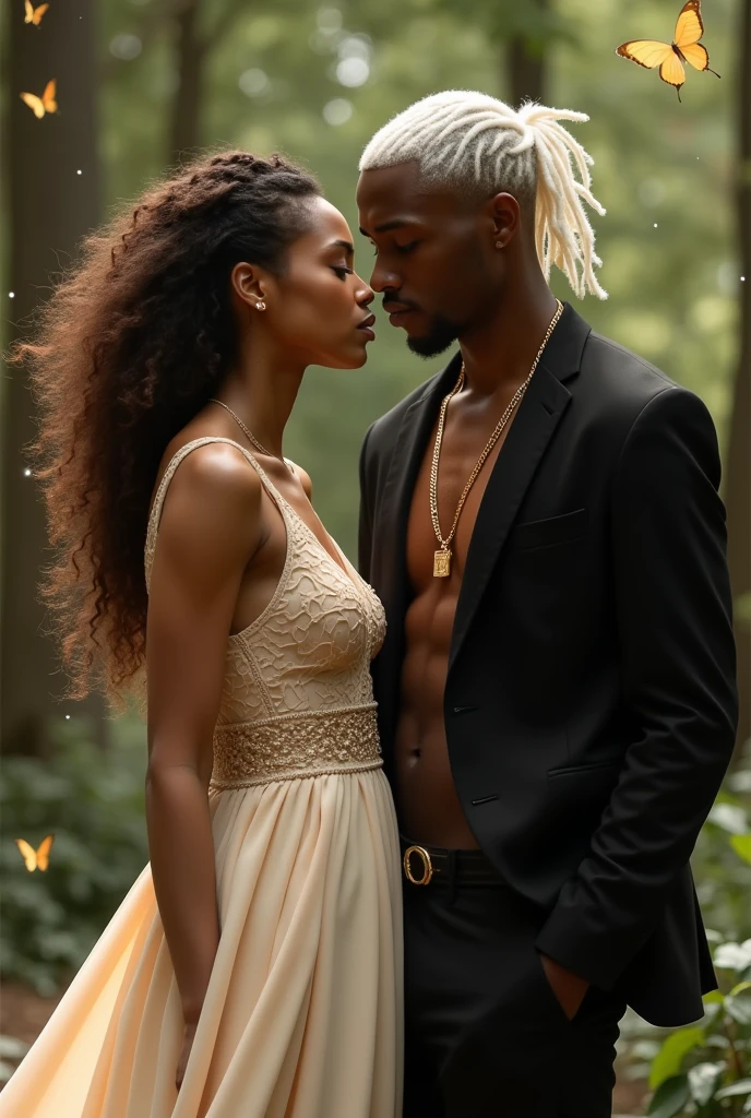 realistic,portrait of dark-skined American 1man and pale-skinned French 1woman,half body,both looking at viewer,pale French girl in open v chest clothes and black american boy in collared shirt,jewelry,flower,necklace,breasts,sexy art,refined editorial photograph,real photo,8k,sharp high-quality photo,