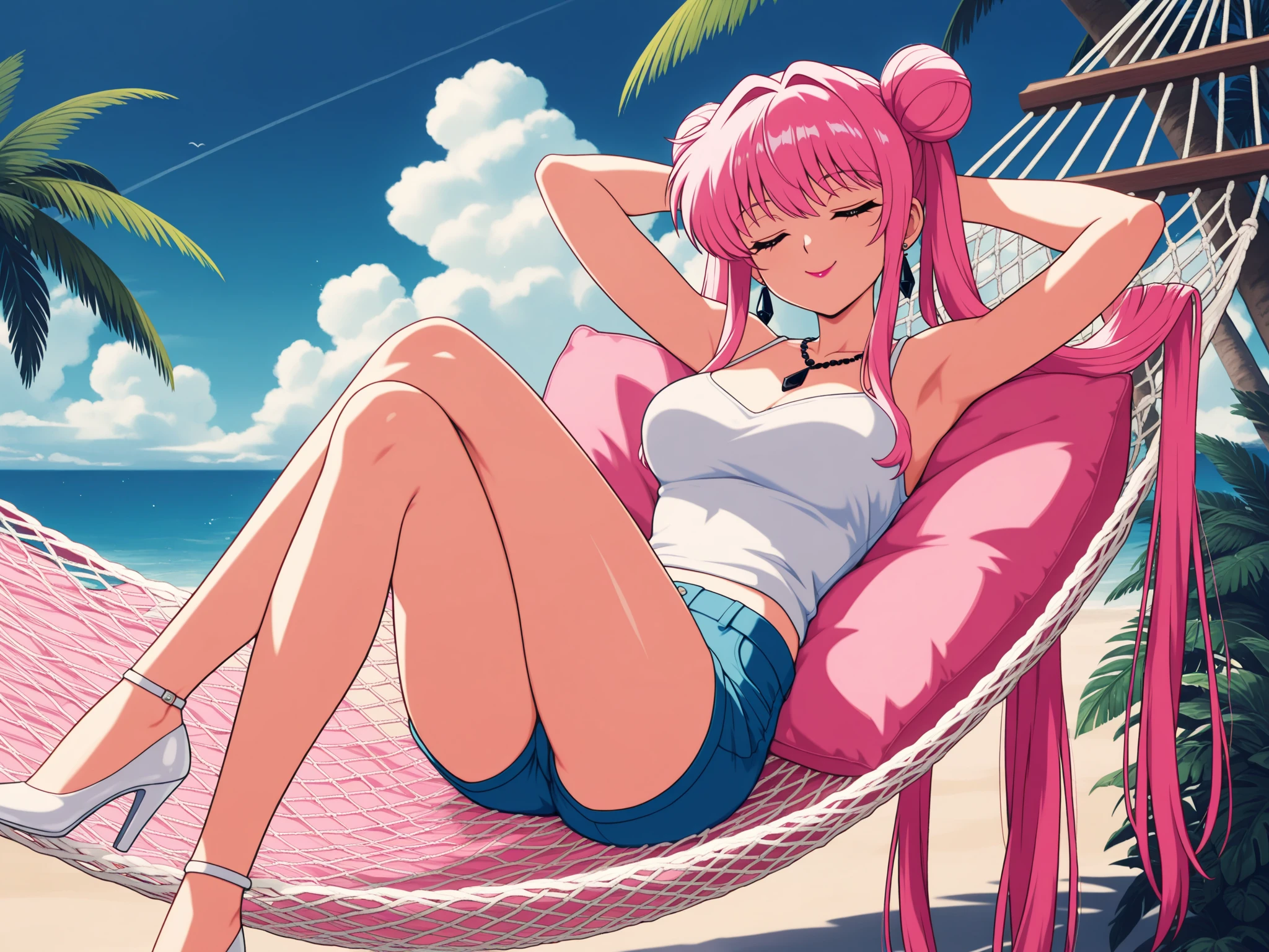atmosfera sombria oleosa estilo yuyu Hakusho ful hd 4k 100 lines art Vegeta power Fenix + Sakura sexy seios pequenos e empinados slim with long aqua short gold + pink hair lounges on a beach towel under a colorful umbrella. She wears a pink neon maio with frills and a sheer, decorated cover-up, appearing relaxed while using a laptop. The background features a tropical beach scene with palm trees, soft waves, and a clear blue sky dotted with clouds. Sunlight glistens on her skin, and a glass with a drink sits nearby.