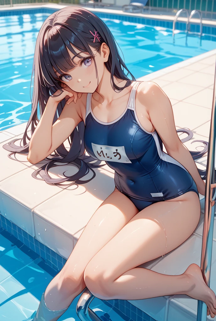 nsfw,beautiful girl,Anime Face,older sister,Black Hair,parted sagging breasts,gleaming skin,(low quality,worst quality:1.4),extra limbs,missing limb,extra digit,fewer digit,missing digit,missing finger,fused fingers,mutated hands and fingers,1girl,sweat,from below,soles of both feet,show the soles of your feet,face forward,stretch your legs,front,sit with legs stretched out,front,embarrassed,competition swimsuit,pool,sagging breasts,fellatio