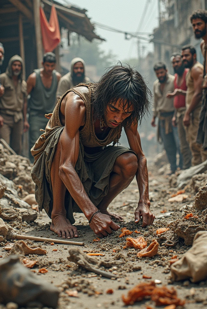Poor man collecting food from the ground