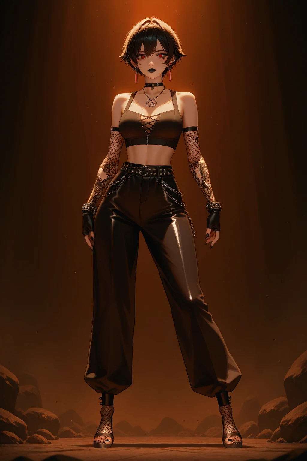 arafed male in a black top and pants with chains on his waist, upper body avatar, imvu, open v chest clothes, in clothes! highly detailed, highly detailed full body, tinyest midriff ever, [ rigidly defined abs ]!!, second life avatar, physical : tinyest midriff ever
