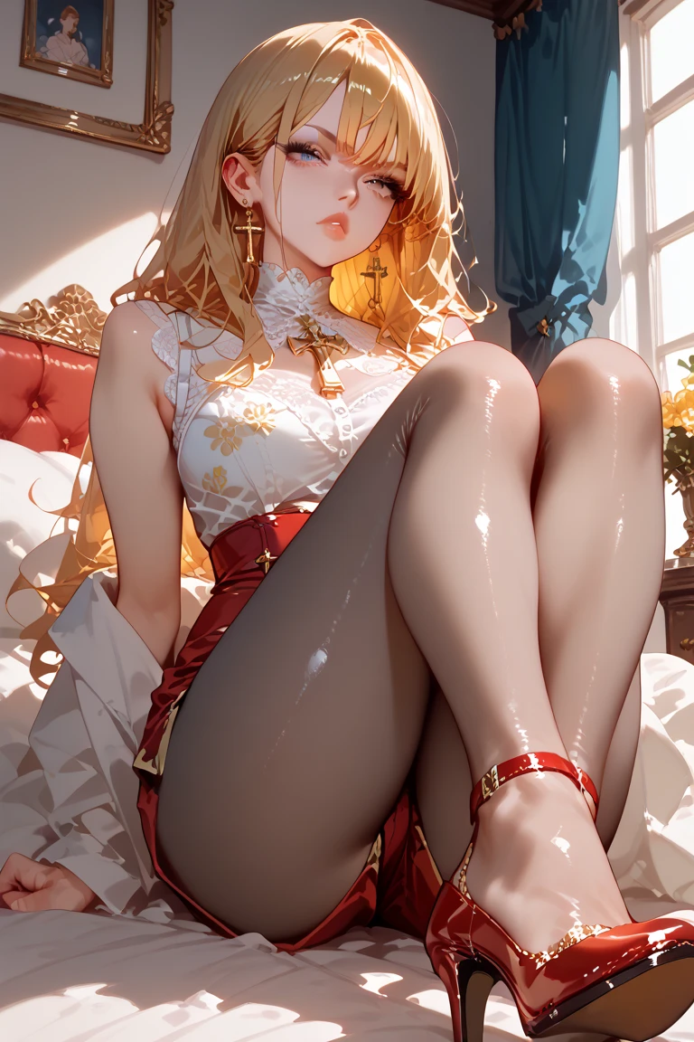 1girl、(((best quality)), ((masterpiece)), (details), masterpiece, best quality, high quality, ulutra detailed, perfect face, ((1girl, blond eyes, tiger ears: 1.3 blond long hair: 2.5,Mole under left eye：2.0))、Shiny Hair、Glowing Skin、Lustful look、China dress、Sitting on a Chinese-style sofa、Stiletto heels、