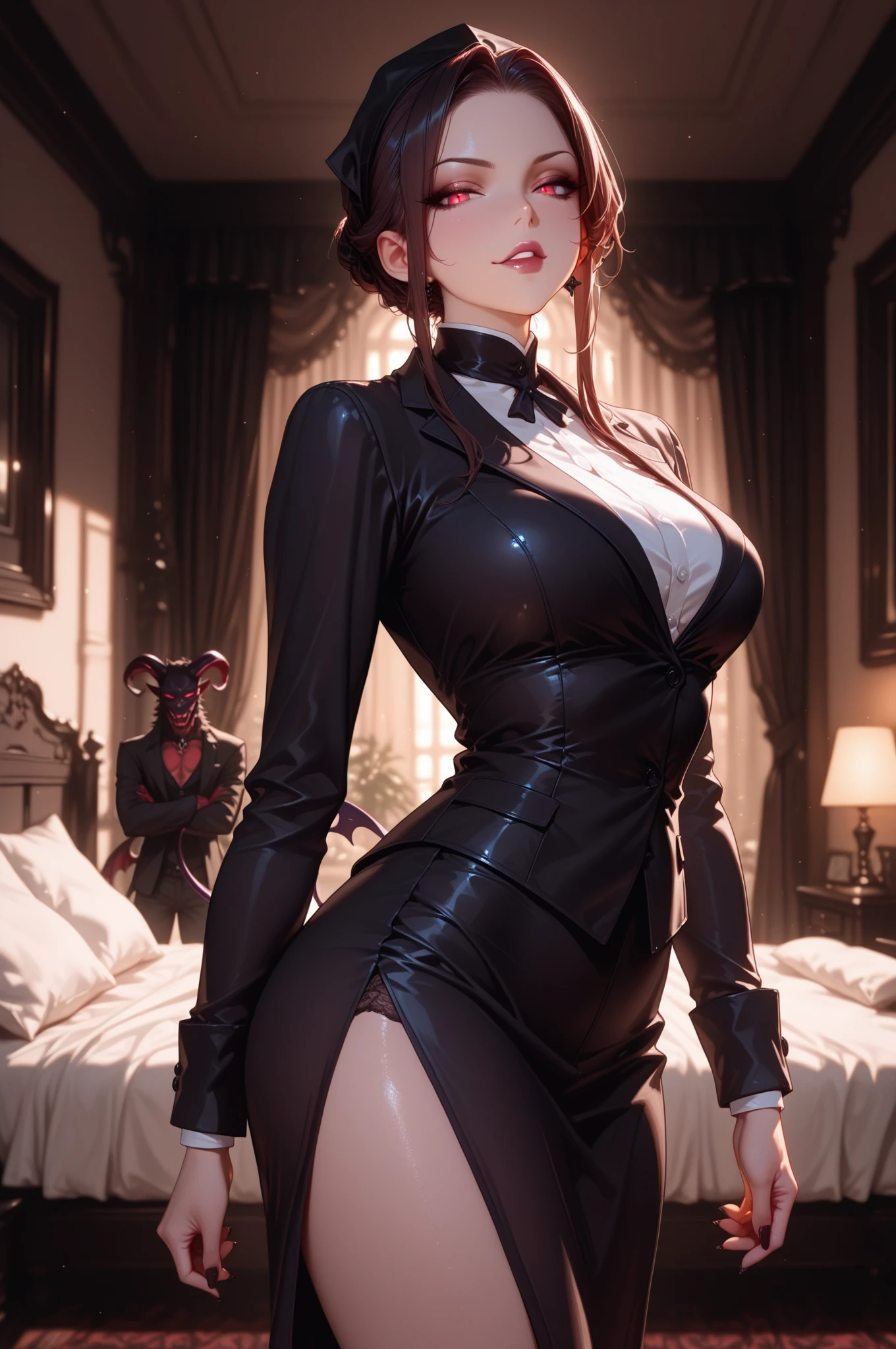 ((best quality)), ((masterpiece)), (detailed),High quality, Ultra detailed, best quality, insanely detailed, beautiful, masterpiece,(1 tall woman),20s,((Bunny girl)), black metalic bunny suit,heavy armour,(red short bob hair),bunny warrior