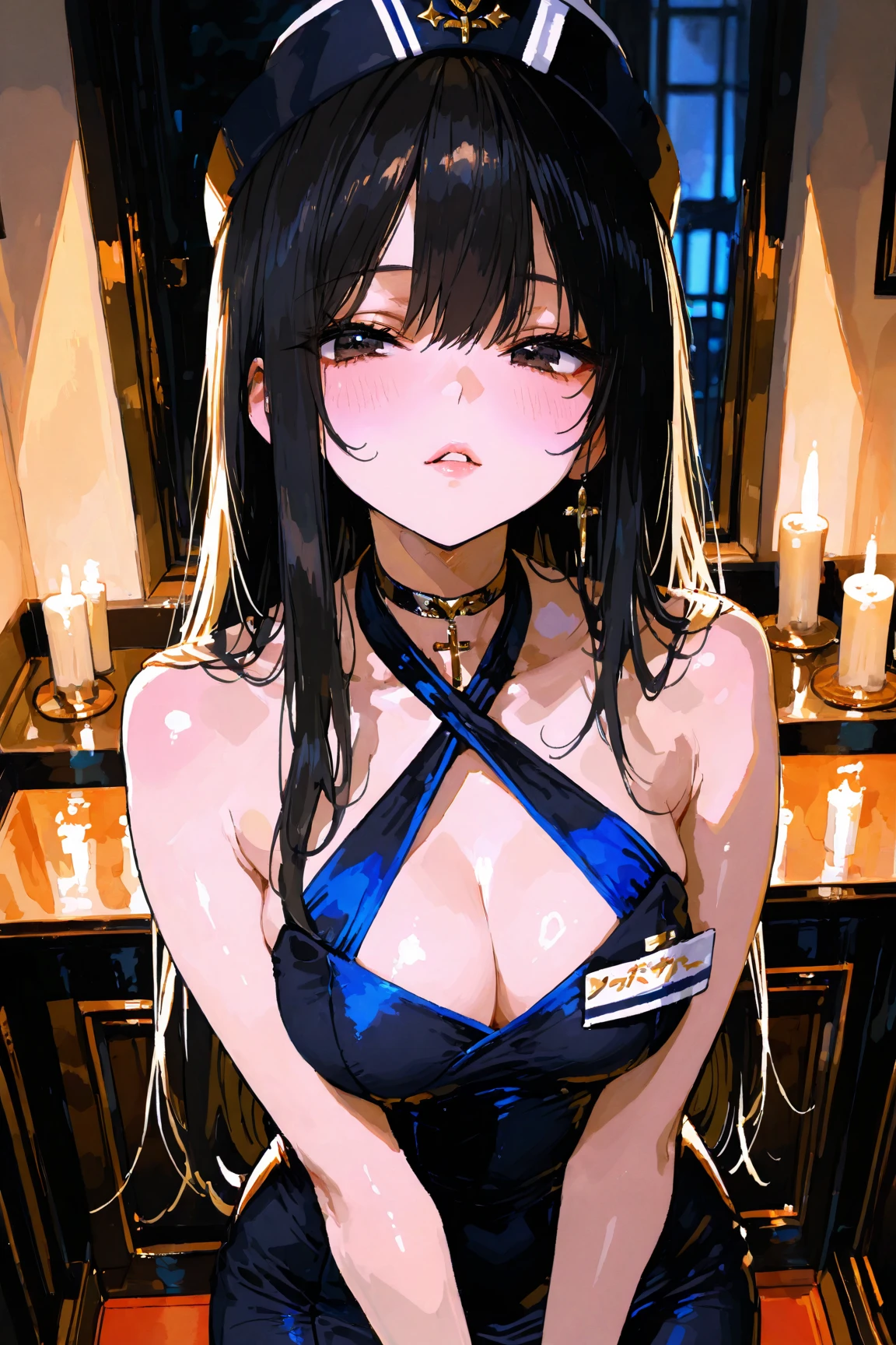 masterpiece, best quality, upper body shot, diagonal front angle, most beautiful girl, stunning beauty, hottest babe, ultra-detailed face, croupier uniform, open clothes, topless, erect nipples, thrusting chest forward, sensual body, ultra-detailed body