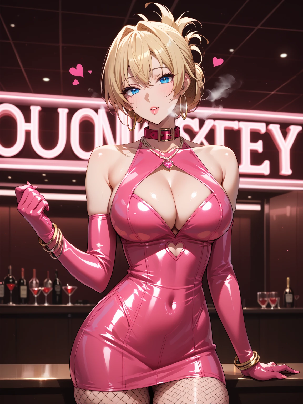 masterpiece, absurdres , (intricate details), (colorful),cinematic lighting,bust shot,extremely detailed CG unity 8k wallpaper,1girl, haruno sakura,forehead mark,fake animal ears,choker, swimsuit,red leotard, playboy bunny, tray,champagne, smile, looking at viewer, cowboy shot,