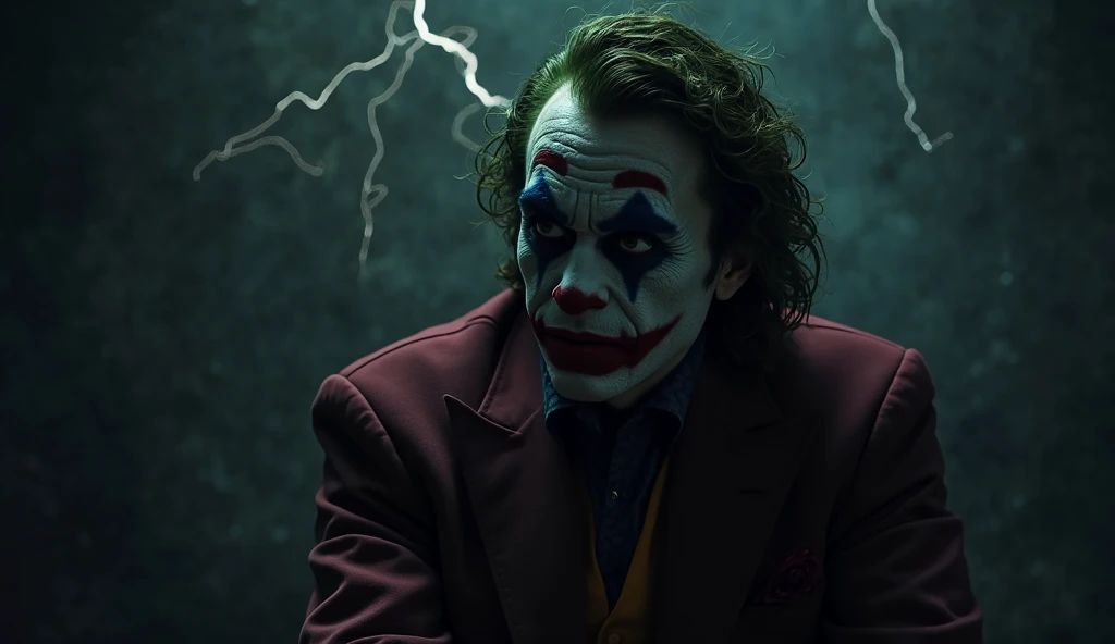 ((JOKER)), (scary), (Evil smile), ((rainy weather))، ((Legendary glowing effects)), ((Thunder and lightning in the background)), Paranoia, (A sharp and strong smile)