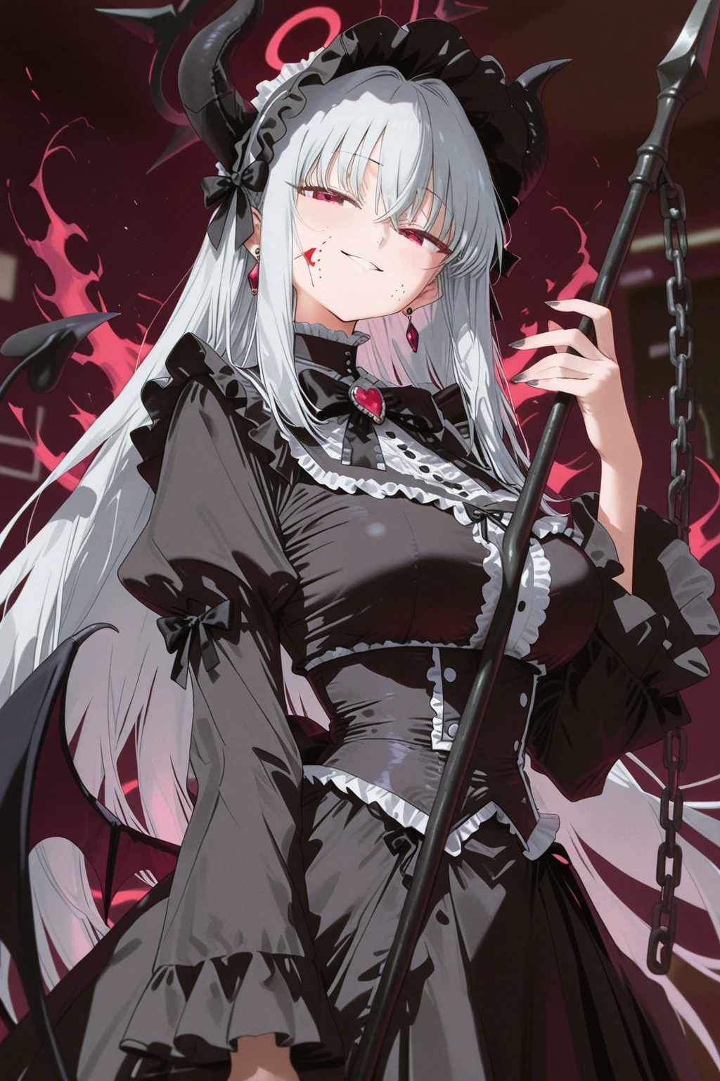1mature woman,(long gray hair),(red eyes),(maid clothes),(seductive and sadistic smile),(She puts her hand under her breast),(She puts the other hand on her cheek),(wearing sexy women's stockings),(anime style),(ray tracing),(Ultra anime style details),(mature body),(large breasts),(masterpiece:1.5), (8k details:1.3), (unlimited details:1.2), (best eyes:1.4), (ultra clothes details:1.3), (highly detailed background), (vibrant colors), (dynamic lighting), (realistic skin texture), (intricate patterns), (sharp focus), (full-body view), (natural poses), (expressive emotions), (cinematic composition)
