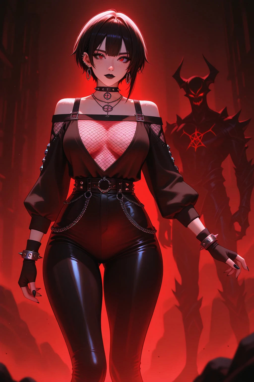 work of art, A beautiful girl, bright red eyes, big fit ass leg thighs, waist long, big fit ass , Legs long, black jacket with spikes, microbiquini, black jeans with chains, glitters and effects, black gloves without fingertips, vred, Waist slender, short abdomen, return to viewer, photo from bottom to top