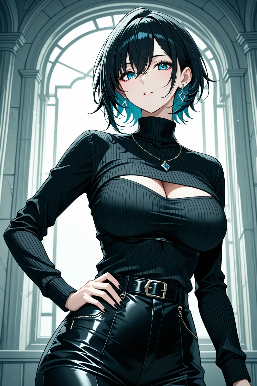 Defshamia, collar, shoulder pad, black shirt, bodice, green jacket, green area, black pants,(big breasts:1.5),shiny,hair,((alone)),((masterpiece)),((highest quality)),perfect anatomy,slim waist,perfect image,8k uh,(detailed and beautiful eyes:1.5),highly detailed face,Are standing,(Upper body:1.1),(look ahead:1.1),back arm,Super detailed,disorganized,High resolution,(blue eyes),indoor hall,