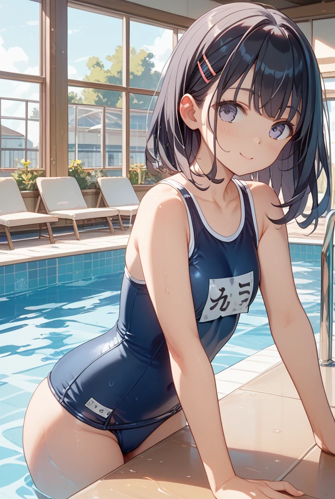NSFW、In the best quality、Teenage girl standing in swimming pool。In high resolution、Beautiful details、Quiet atmosphere。Black Bob Hair、Cute Smile.。Small breasts、Cute School Swimsuit。