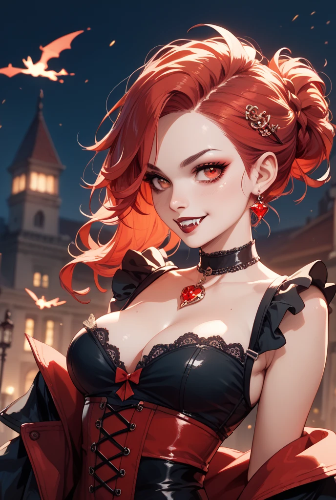 portrait shot, ((blood vivid red hair)), mature woman, 30 years old, diamond face, moonlight, red starry sky background, depth of field, magic, big red lips, ((dark black eyes)) black and red long and full dress, covered chest, mystical atmosphere, ominous shadows, Intense blue aura, Intense red aura (best quality:1.2), absurdres, intricate details, (highly detailed skin:1.2), smile expression, posing, taut and well defined body, attractive. Highly realistic, pale skin, beautiful, hyperrealism, skin very elaborated, direct gaze