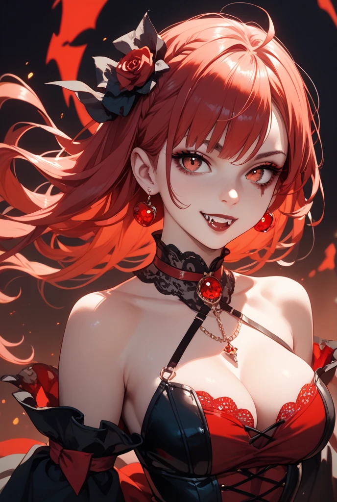 (( barbie red dark green hair color)), pink eyes,sexy woman, cat ears, hearts, floating hearts, face only, long hair, smiling, hair ornament, up close face, closed mouth smile, up closeface, hair bows, sexy body