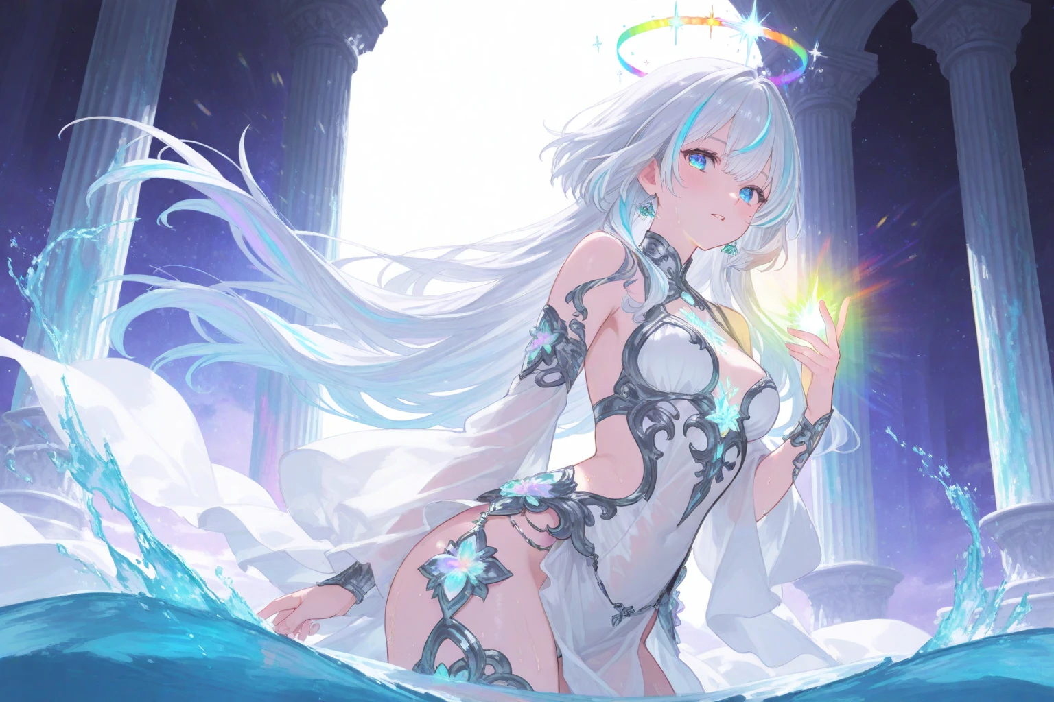 ((masterpiece, best quality, ultra-detailed, an extremely delicate and beautiful)), ((extremely detailed CG unity 8k wallpaper)), ((award winning, ccurate, UHD, textured skin, chromatic aberration, perfect anatomy, Fujicolor)), ((((postapocalypse)))), (concept art, fantasy art), 1 teen witch chanting ice magic, (small breasts), slender body, young sister taste, straight silver hair with hair ribbon, rubby eyes, glowing eyes, wearing bule crystal dress , ((many magic circles)), (((fantasy))), (confident face), crystal spear