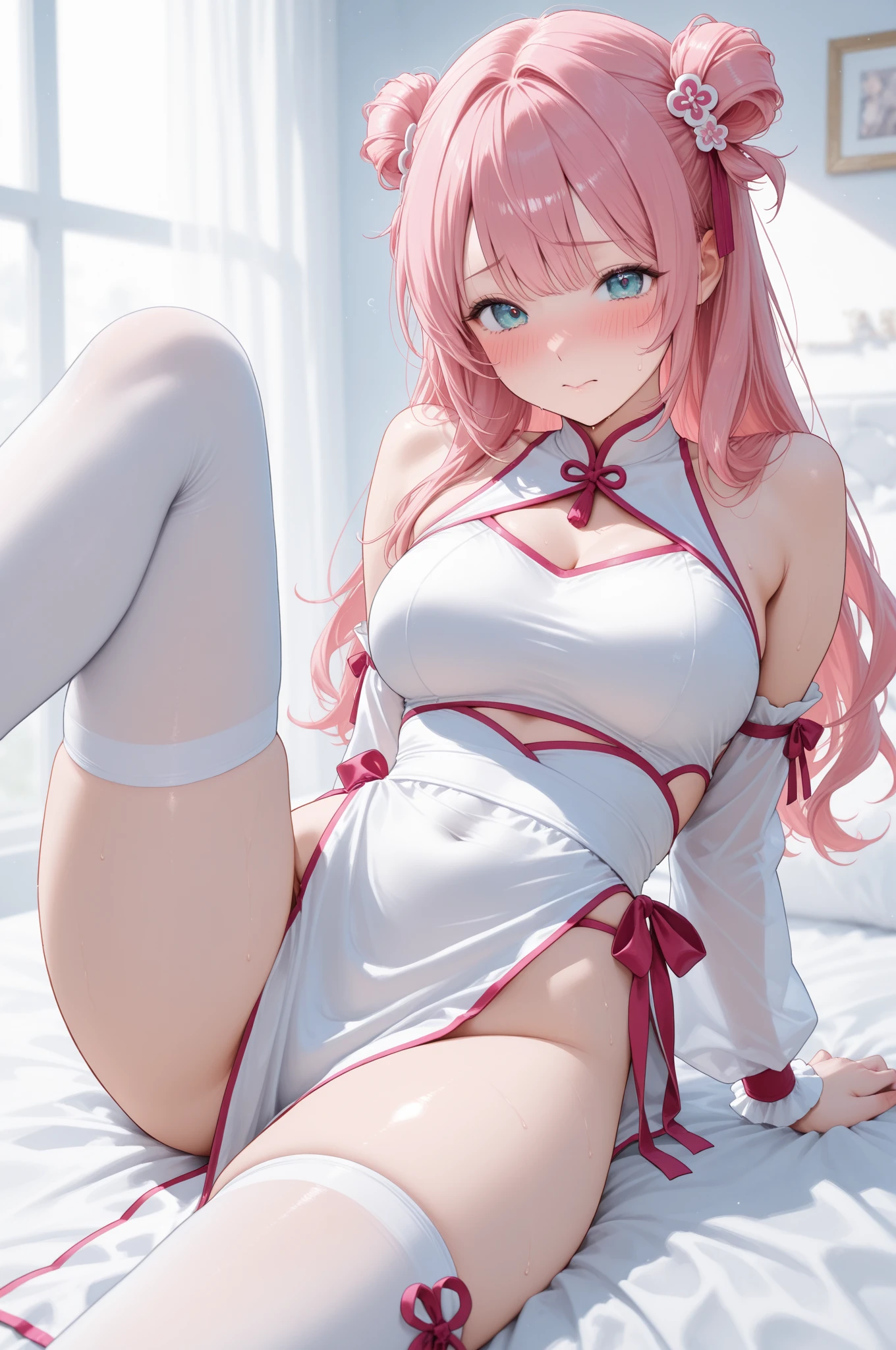 top-quality、Full limbs、complete fingers、Slender beauty、straight haired、Red hair、Beautiful Large Breasts、(Detailed ultra-oily shiny skin:1.1)、oily shiny thighhigh、(Perfect pink nurse leotard:1.3)、((White High Socks))、Nurse's Hat、Beautiful older sister、hospitals、Patient's room、Hospital Beds