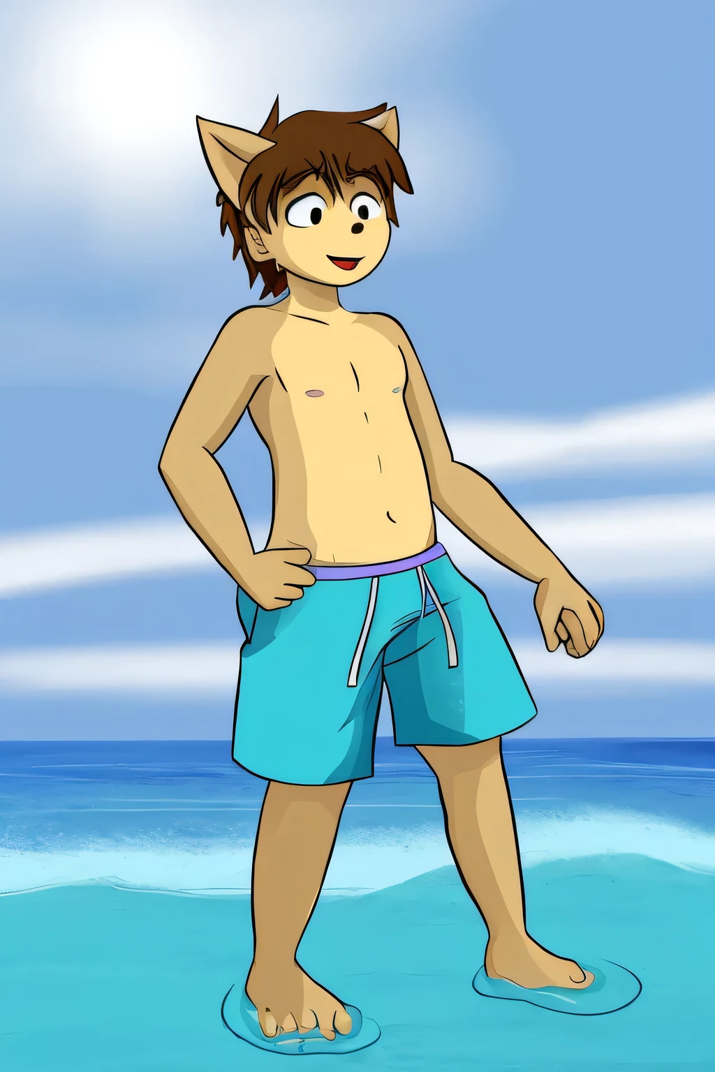 <lora:AnimeMaleB-CV0.1:1> <lora:PeeingThemselfV2_0-10:0.9>  <lora:eyedirectionV1.8:0.8>, eyedirection, eyes, ((1boy wearing speedo)), (peeing self, peeing, pee stain, pee stain on speedo, have to pee), twink, full body, shaggy hair, smirk, naughty face