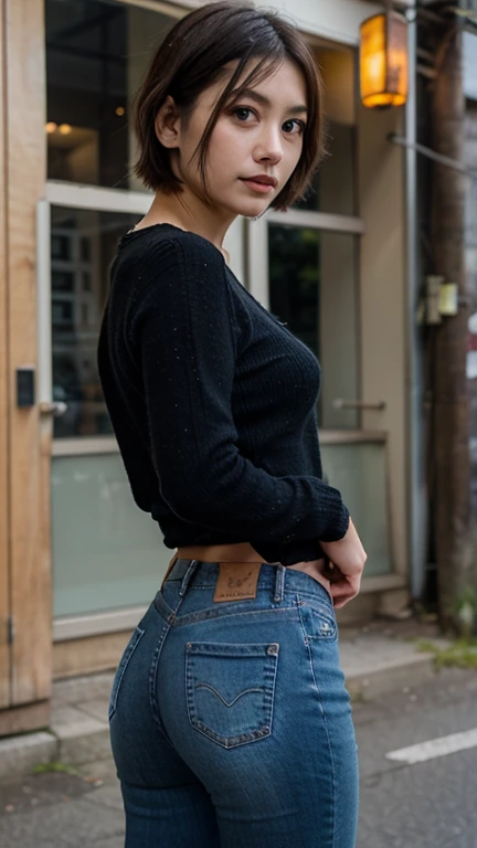 Super detailed 8K CG, ((Beautiful 45 year old)), perfect body, beautiful face,Fine lines at the corners of the eyes,Happy and attractive, off shoulder one piece dress, Night in the back alley, high heels, sexy legs, thick thighs, ), Brown wavy hair,