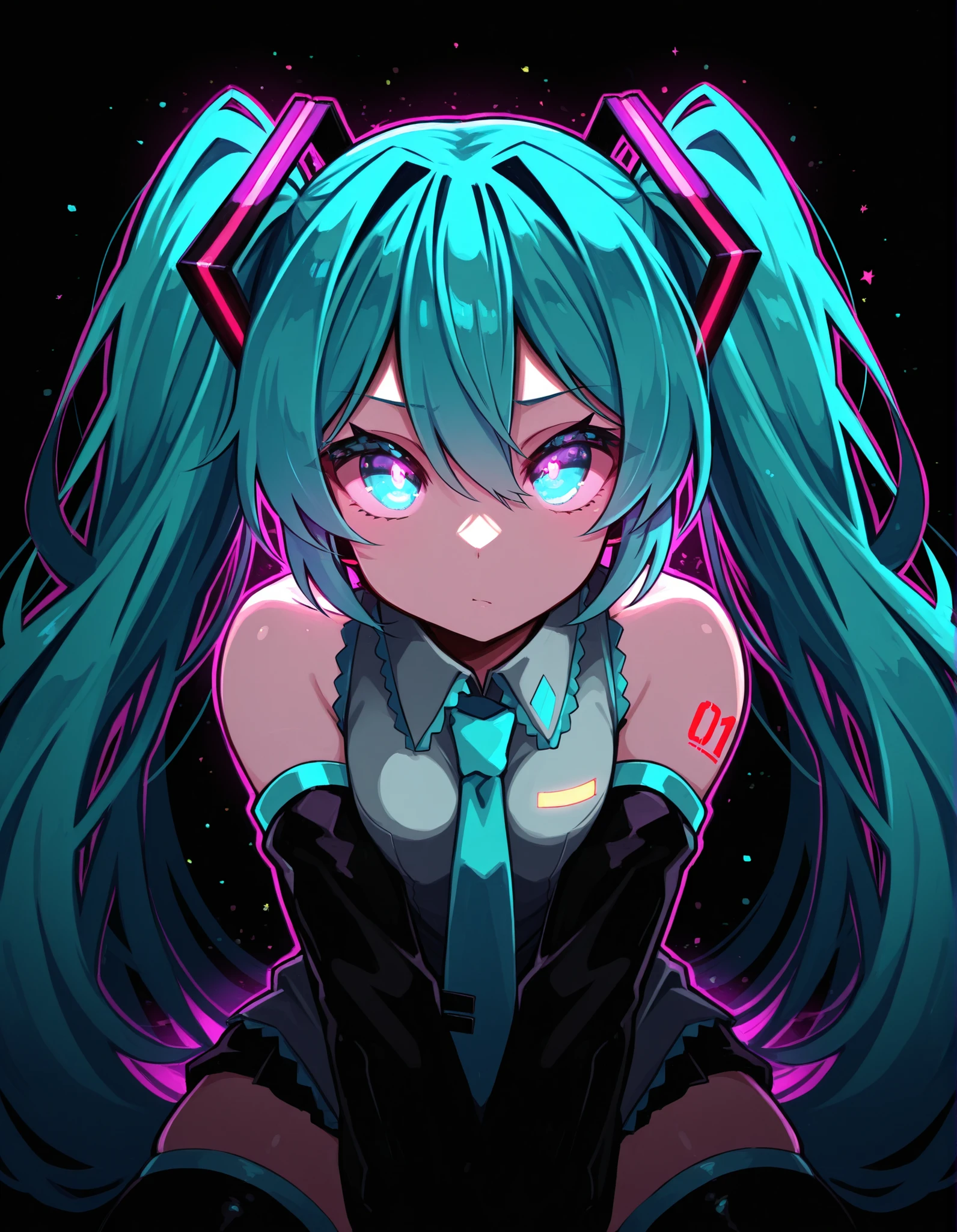 y4s1d1p,, Hatsune Miku,limited palette,black background,colorful,vibrant,glowing outline,neon,blacklight,looking at viewer, masterpiece, very aesthetic,