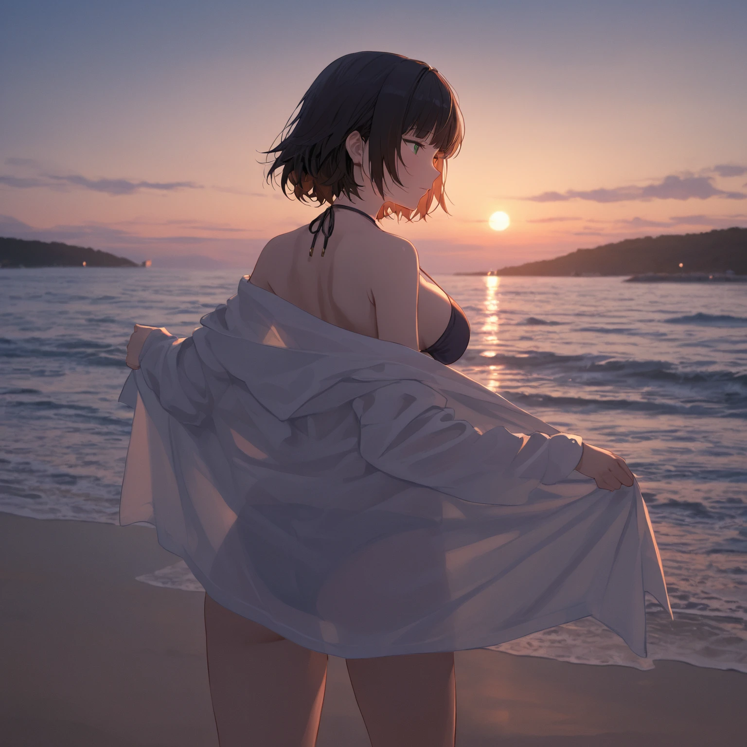 Masterpiece, Best Quality, Ultra-detailed, illustartion,, Hanekawa Shorthair, 1girl, full - body, , Black Eyes, multi-colored hair, black hair, white colored hair,, bathing suit,, Detailed background, mksts style, Beach, Sunset,
