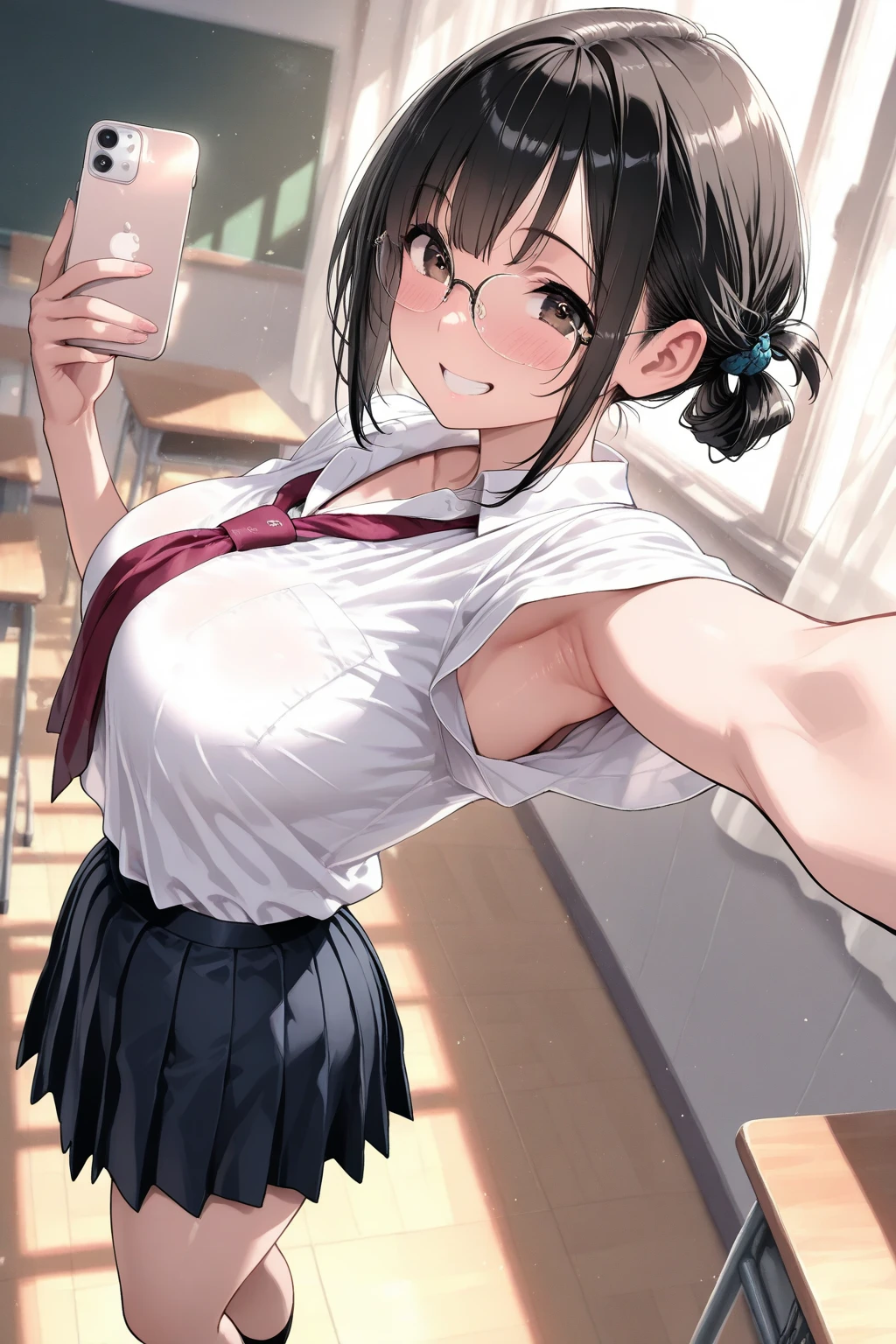[1girl, mejiro ramonu \(umamusume\), umamusume], (goblin slayer!), (throw_hand, pink vibrator remote switch in throw_hand, throw:1.2), Highest quality, Super detailed, masterpiece, Ultra-high resolution, 8K, Ridiculous, Cowboy Shooting, Blurred, Focus on the girl, Embarrassing, blush, Lovely, Open your mouth, What saliva leaves behind, Wet skirt hem, (Sticky panties:1.1), Bulging of the vibrator cord, Vibrator with Garters, (cleavage), Classroom Background, The skirt is accidentally exposed,(large breasts), (crop top navel), (waist line), Accidentally exposed panties