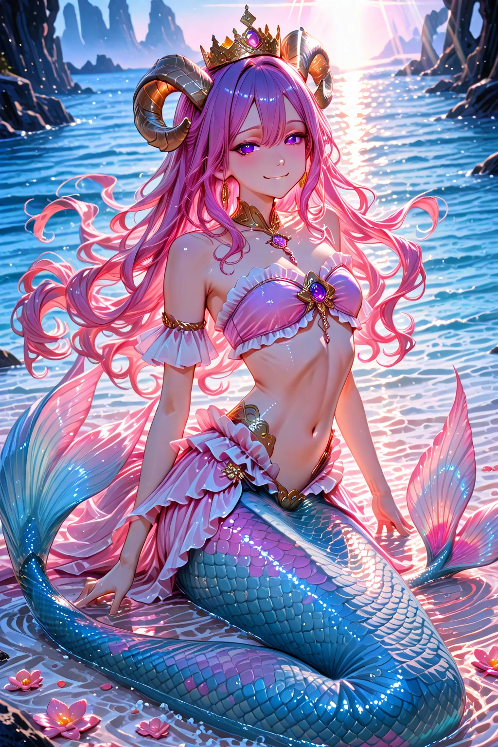 The castle where mermaids live　Ocean　summer　Oceanの鮮やかな生き物　Ocean牛　Sea anemone　coral　Best Quality, Masterpiece, Ultra High Resolution, (Realisticity: 1.4), Original Photo, 1girl, Pink Off-the-Shoulder, Cinematic Lighting