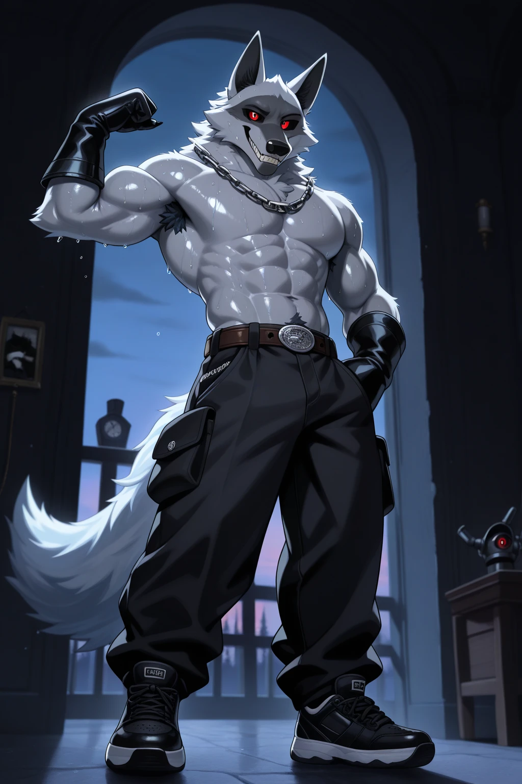 werewolf,male,the strong,muscle,nipple nails,nude,half naked,No clothing,No pants,translucent briefs,barefoot,whole body,collar,chain,shackles